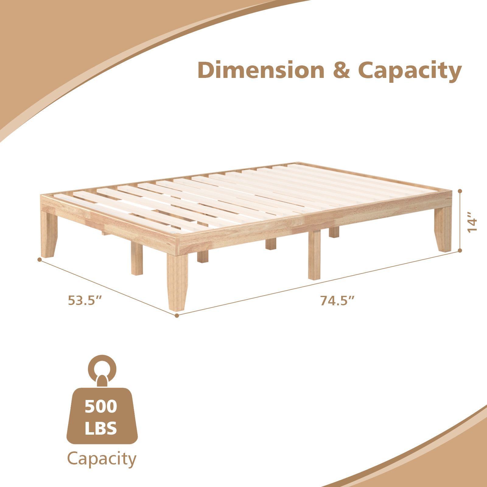 Cadre de lit double à plateforme en bois, sommier lattes