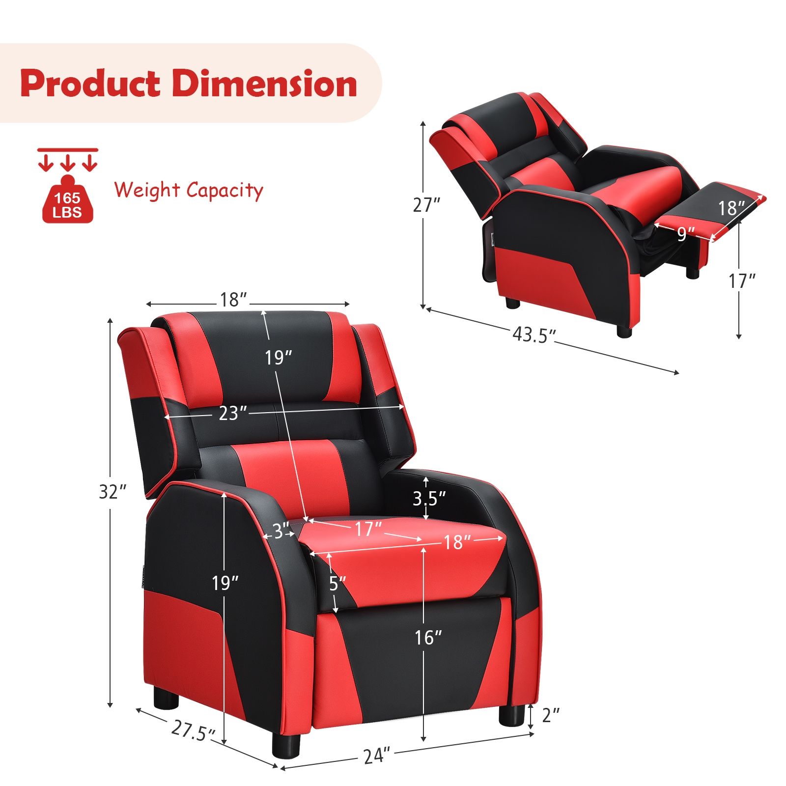 Canapé de jeu inclinable en cuir PU pour enfants et adolescents, appui-tête et repose-pieds - Rouge