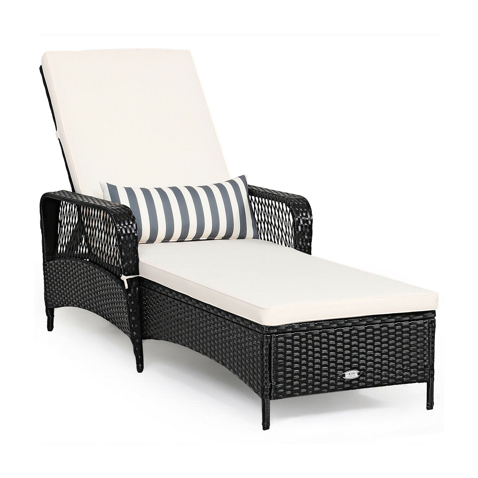 PE Rattan Armrest Chaise Lounge Chair, Adjustable Pillow - Black