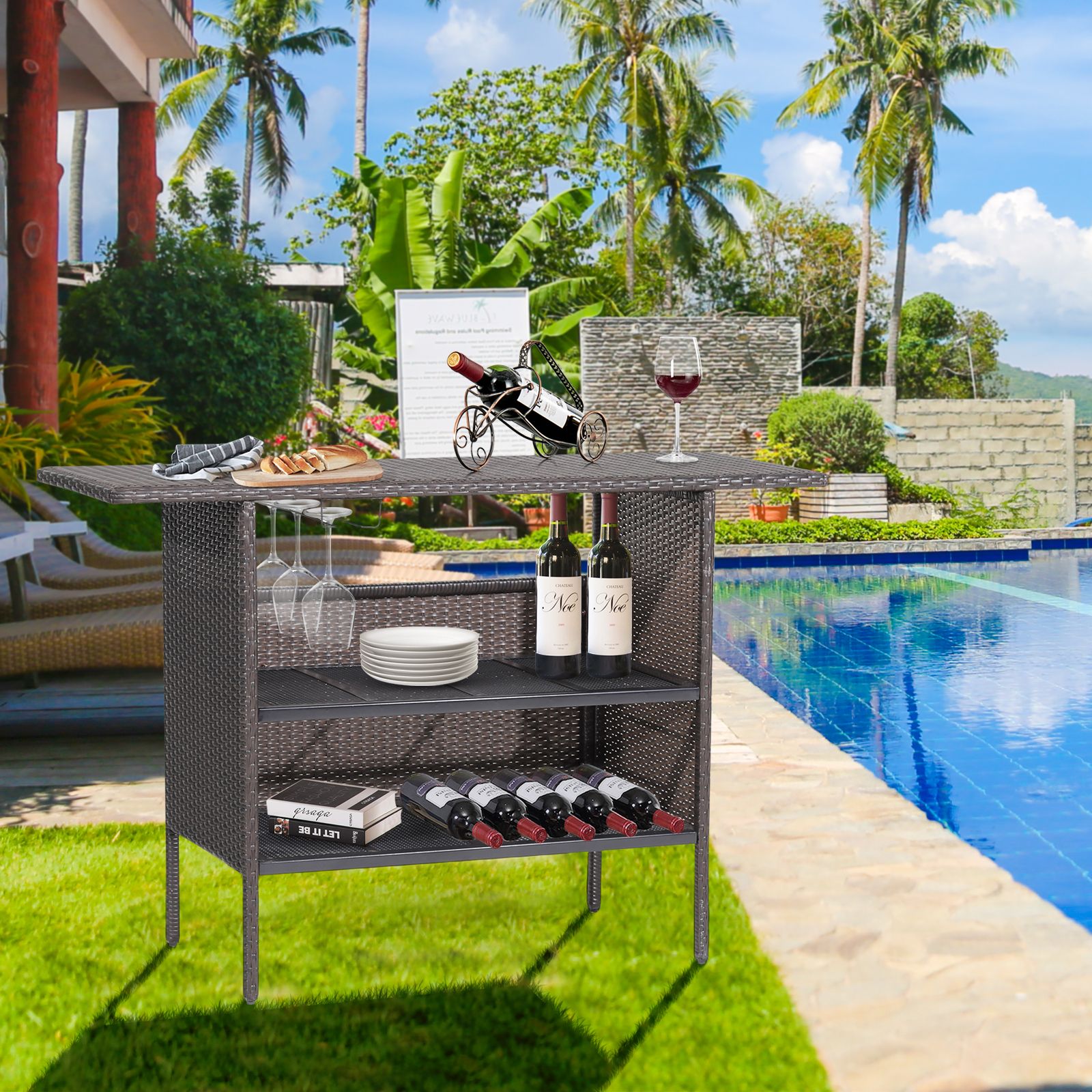 Outdoor Wicker Bar Table, 2 Metal Mesh Shelves