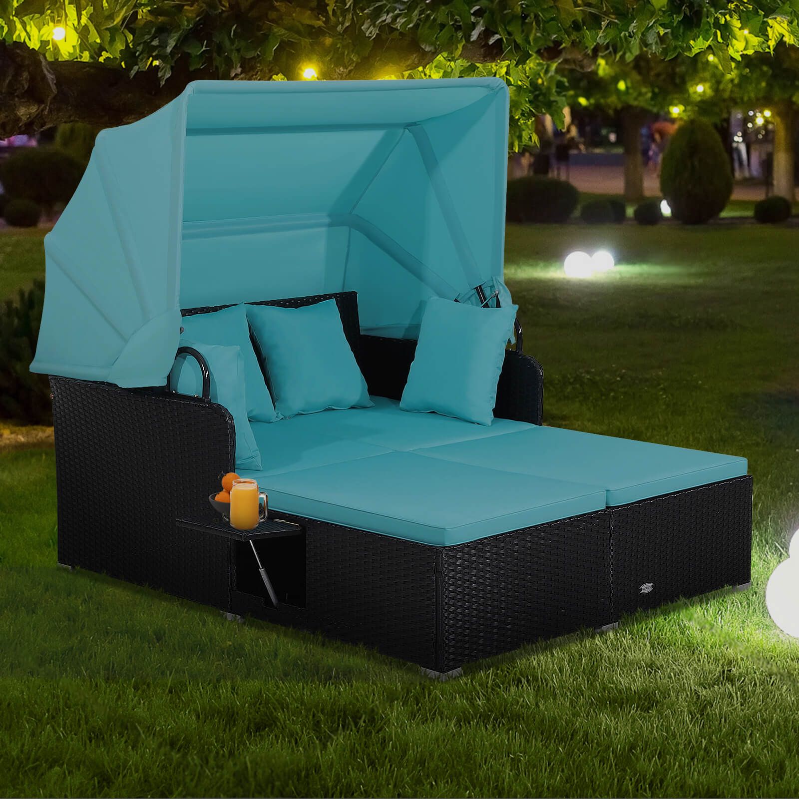 Patio Rattan Daybed, Retractable Canopy and Side Tables
