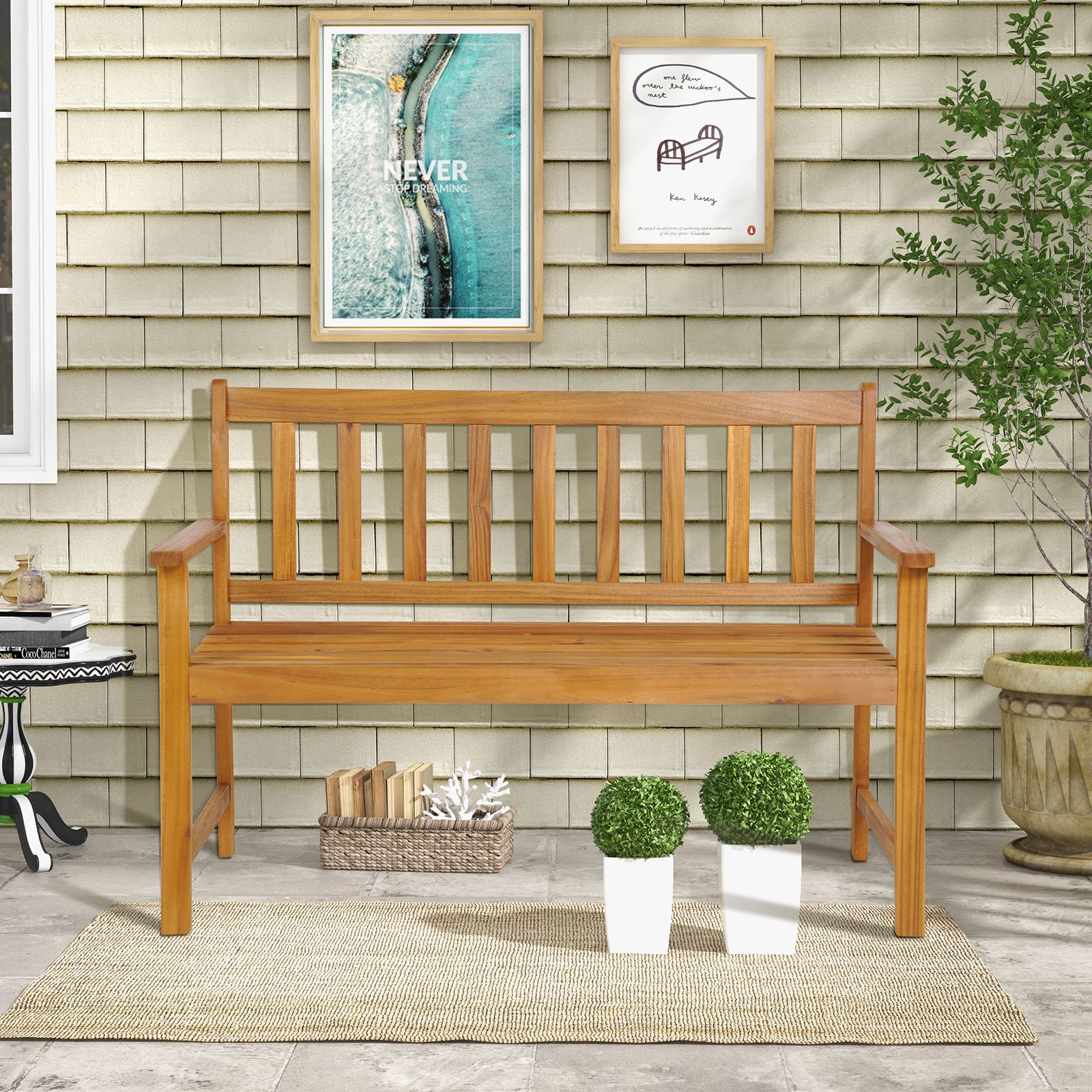 2-Person Outdoor Acacia Wood Bench, Backrest