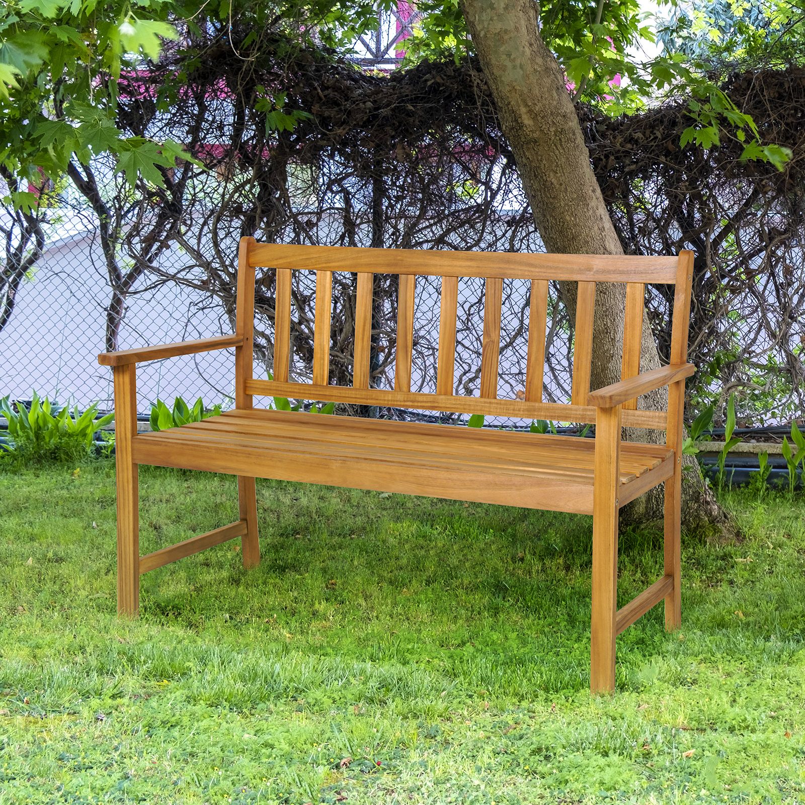 2-Person Outdoor Acacia Wood Bench, Backrest