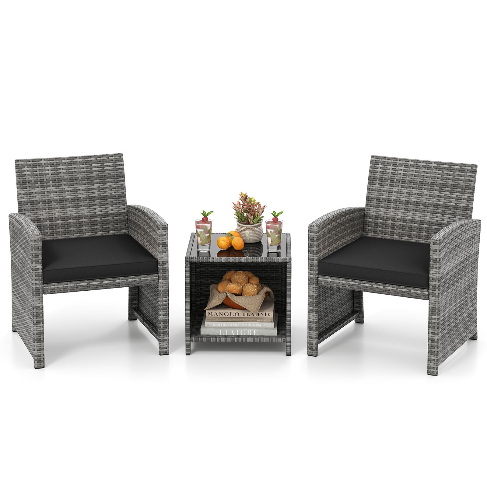3-Piece Patio Furniture Set, Tempered Glass Coffee Table and Soft Seat Cushions