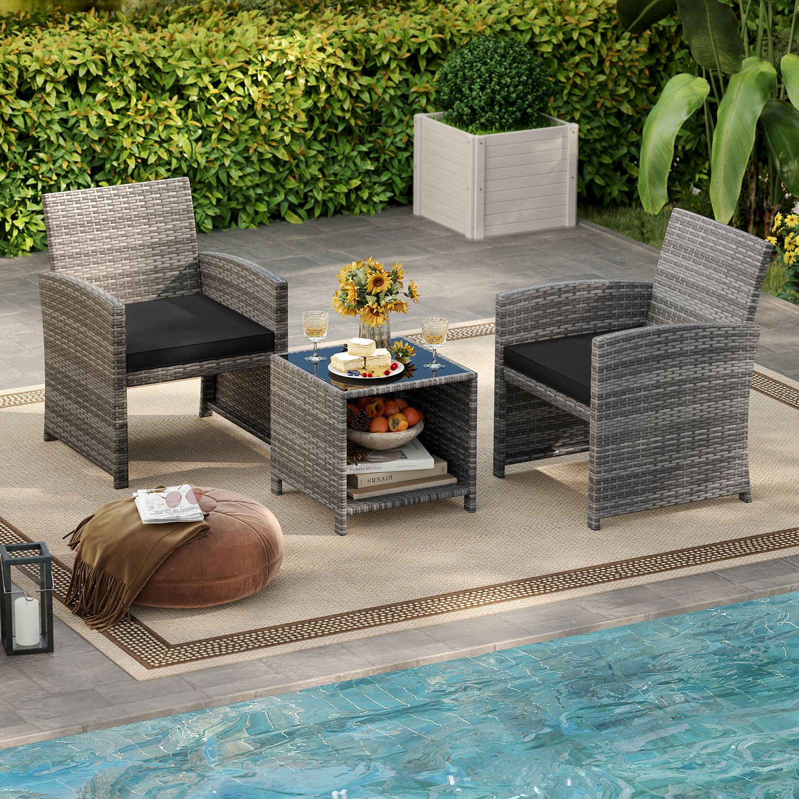 3-Piece Patio Furniture Set, Tempered Glass Coffee Table and Soft Seat Cushions
