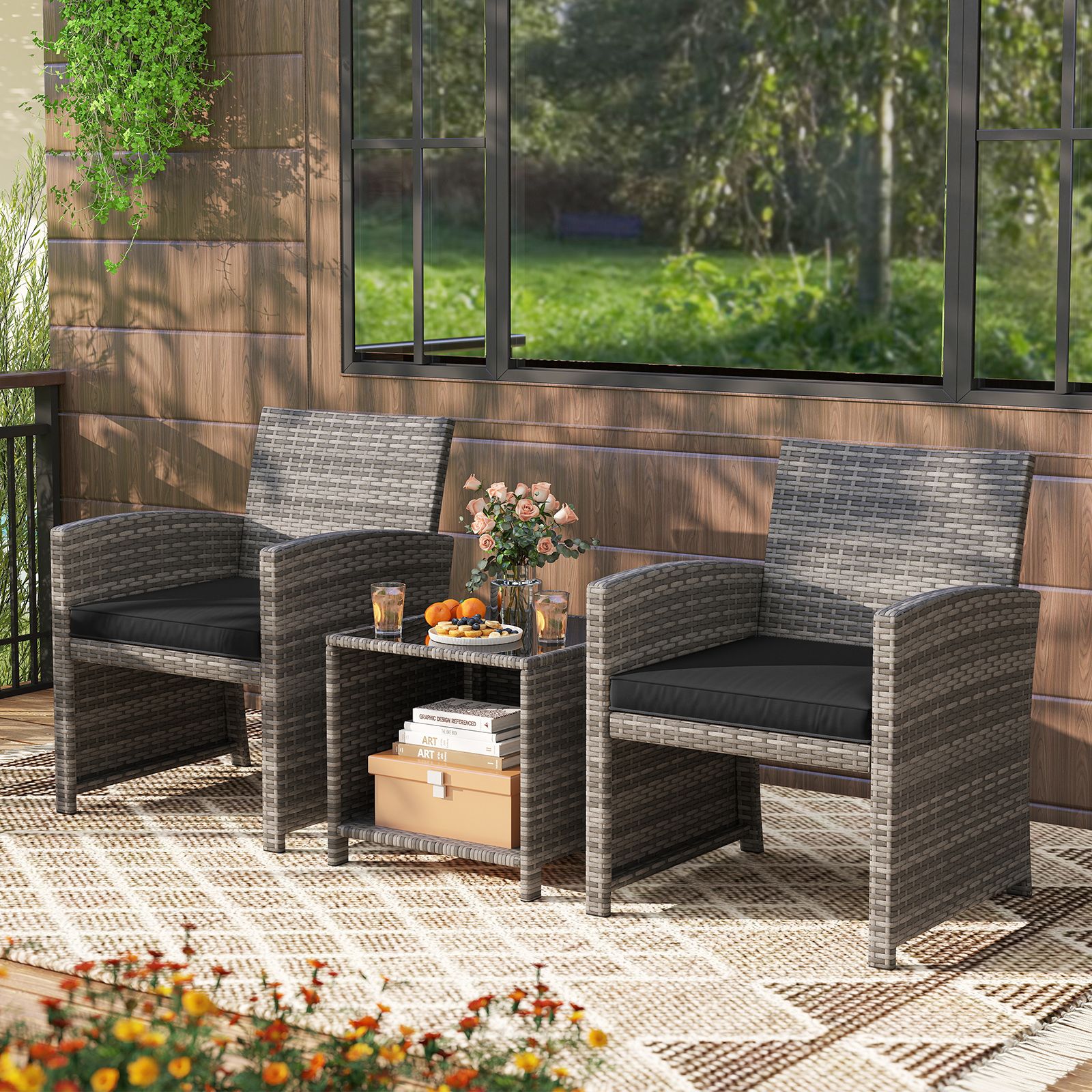 3-Piece Patio Furniture Set, Tempered Glass Coffee Table and Soft Seat Cushions