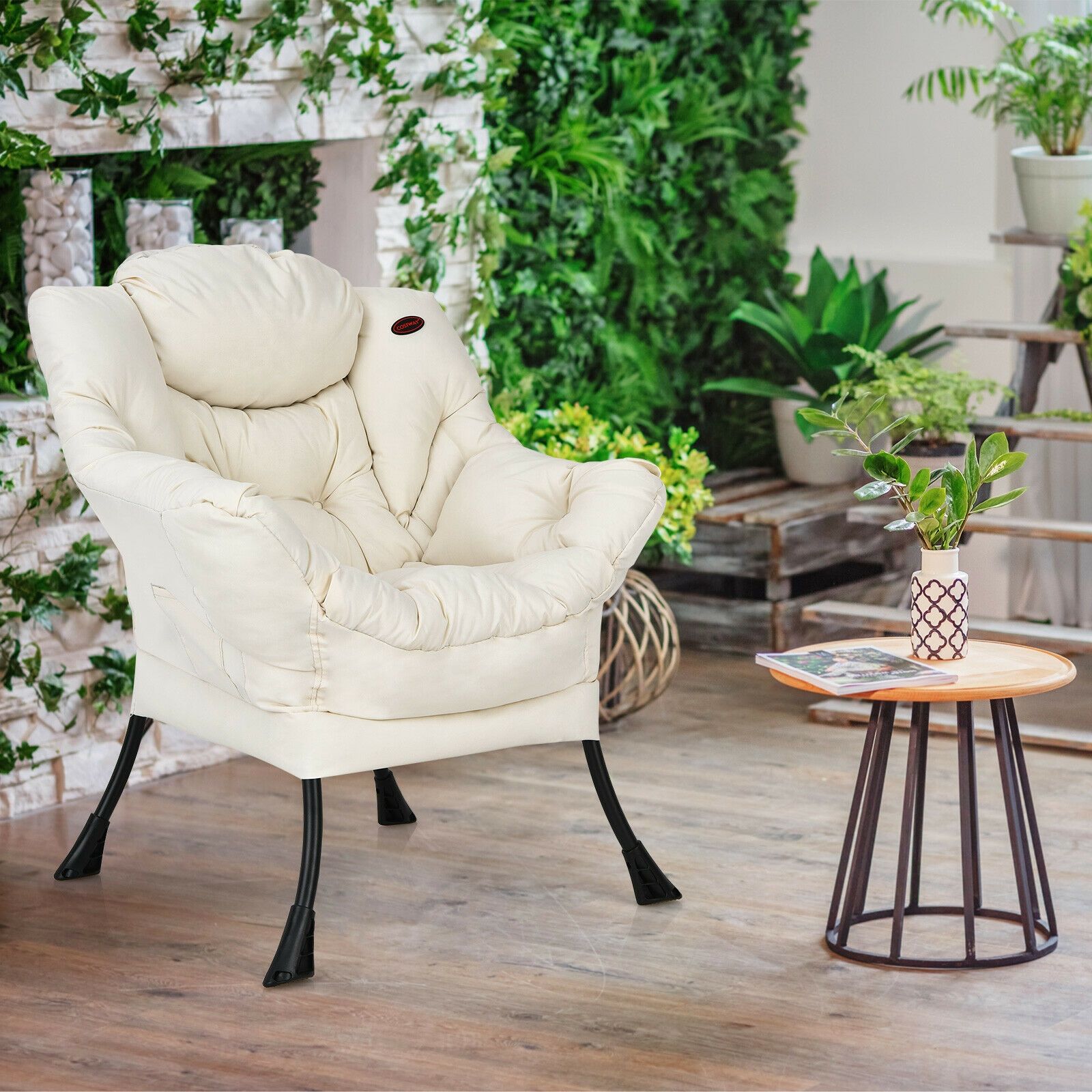 Modern Polyester Fabric Lazy Chair, Steel Frame and Side Pocket - Beige