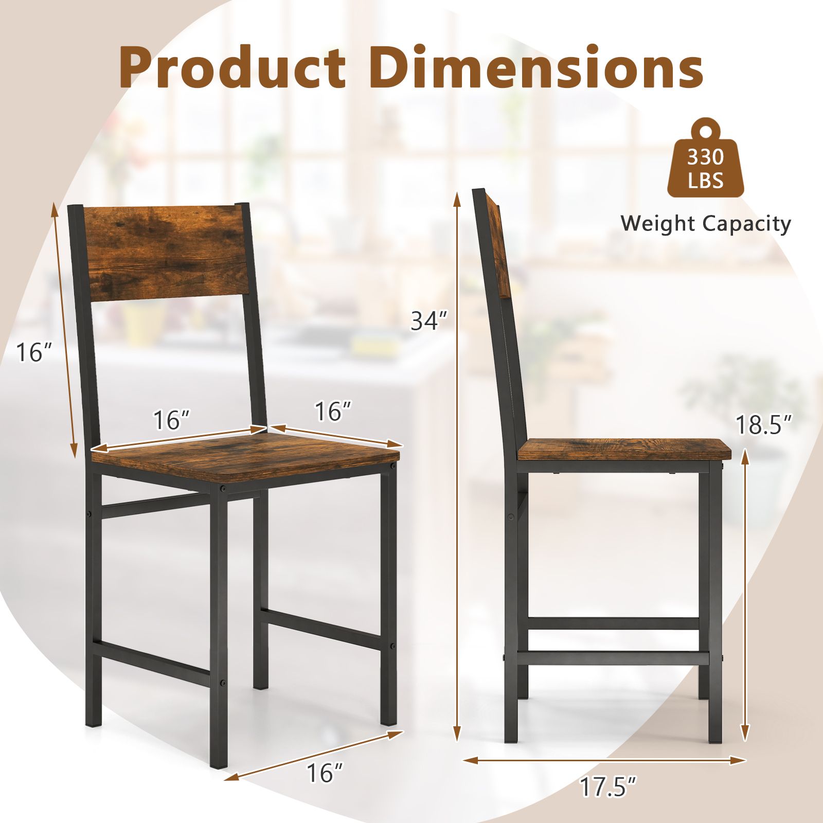 Ensemble de 2 chaises de cuisine de style industriel, pieds en métal et dossier incliné - brun rustique