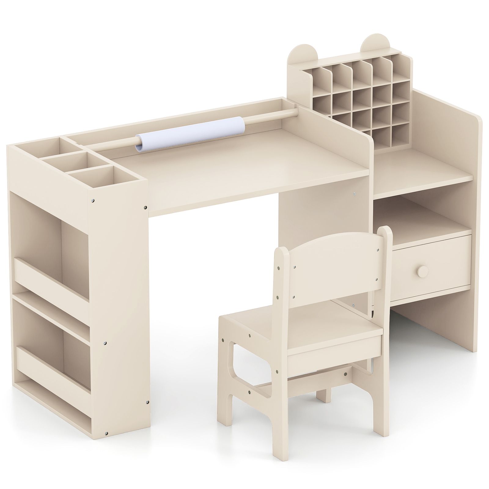 Ensemble de table et chaises d'art pour enfants, porte-rouleau de papier amovible et meuble de rangement - Naturel