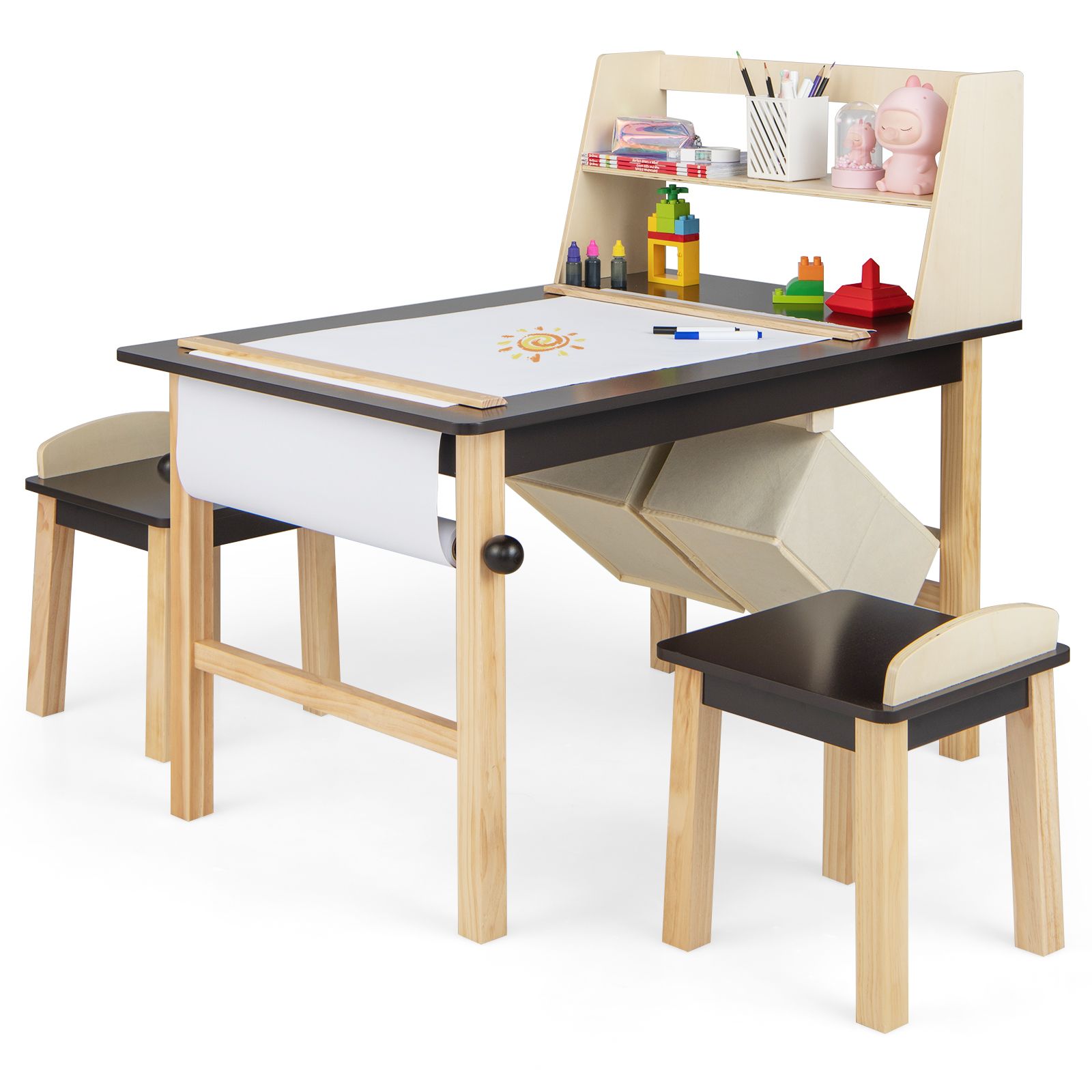Ensemble de table et chaises d'art pour enfants, rouleau de papier et bacs de rangement - Couleur café