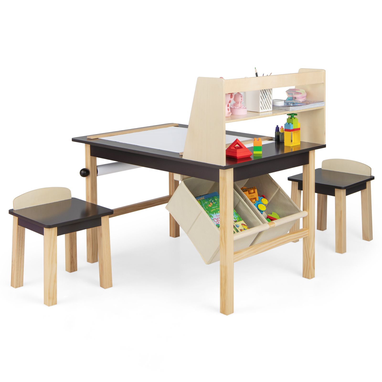 Ensemble de table et chaises d'art pour enfants, rouleau de papier et bacs de rangement - Couleur café