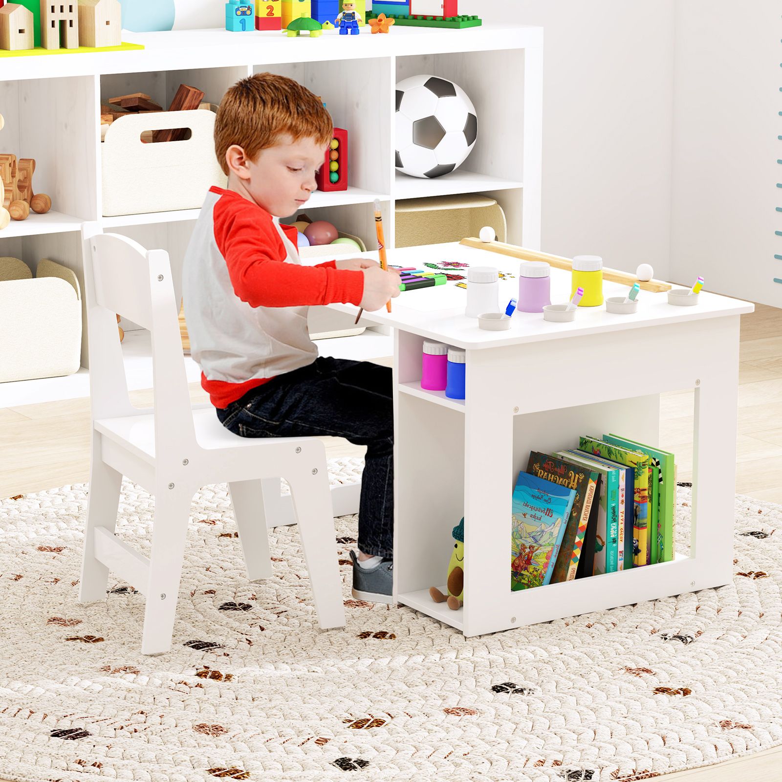 Kids Art Table and Chair Set Toddler Craft Drawing Desk - White