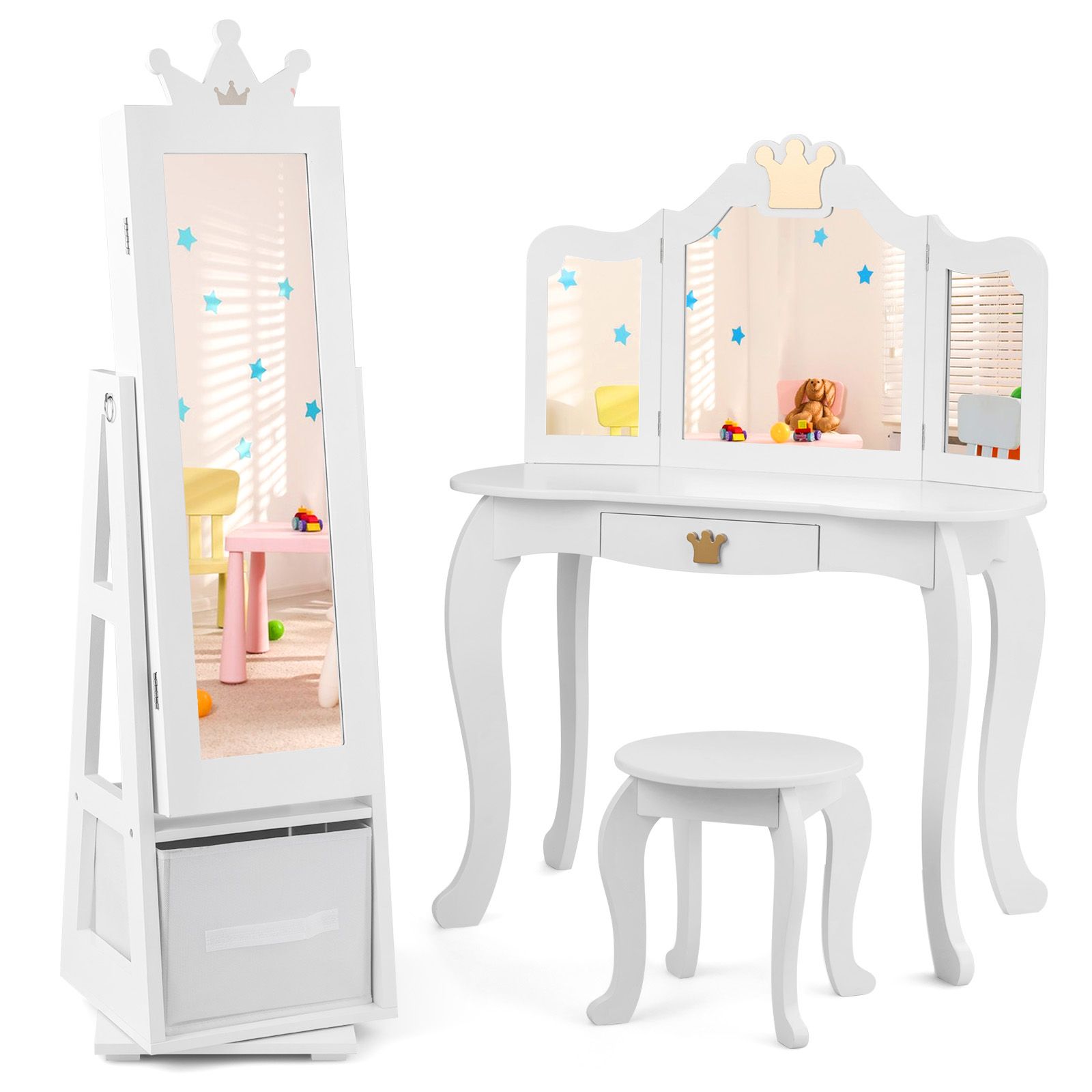 Armoire à bijoux pour enfants, grande capacité de rangement et base pivotante - Blanc