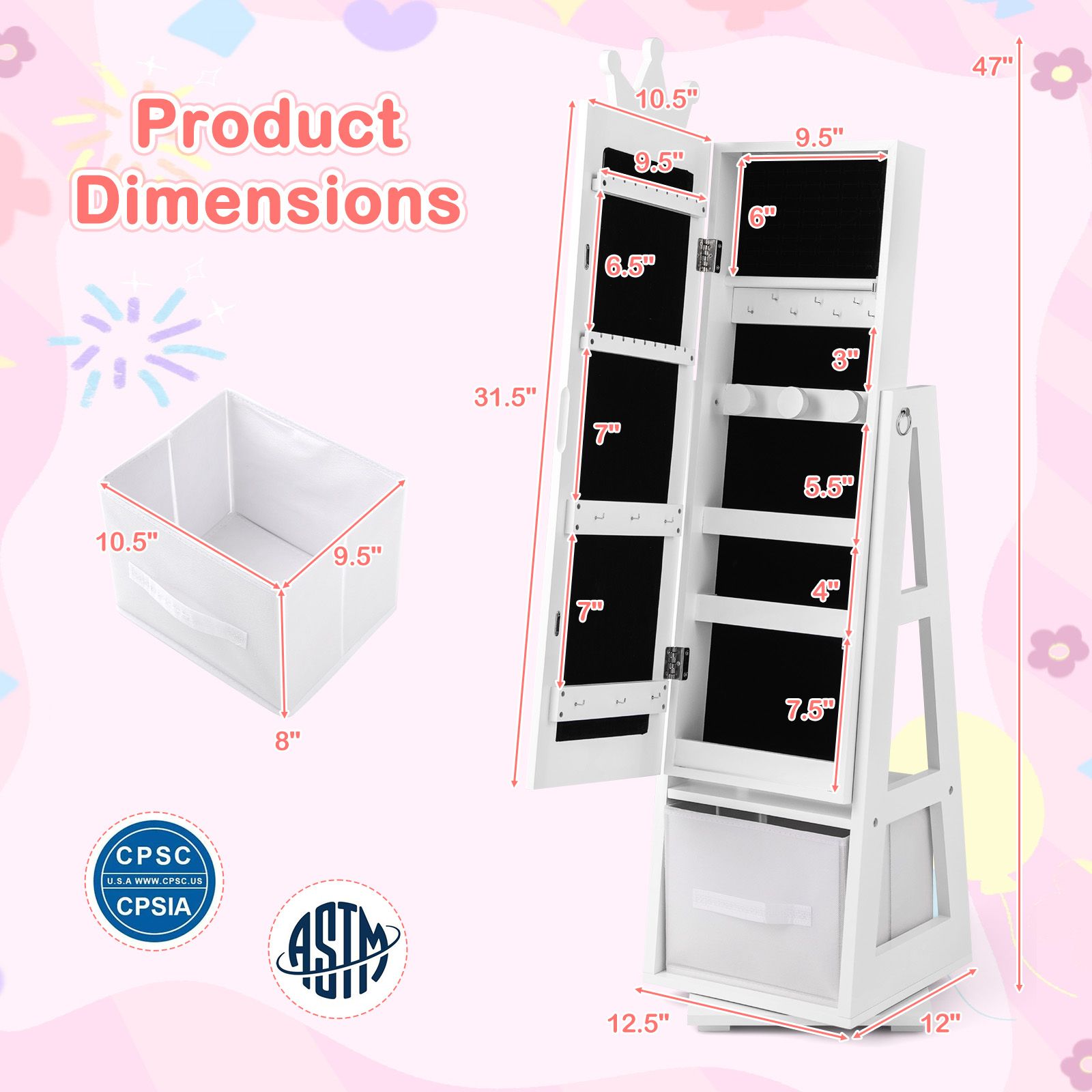 Kids Jewelry Armoire Cabinet, Large Storage Capacity and Swivel Base - White