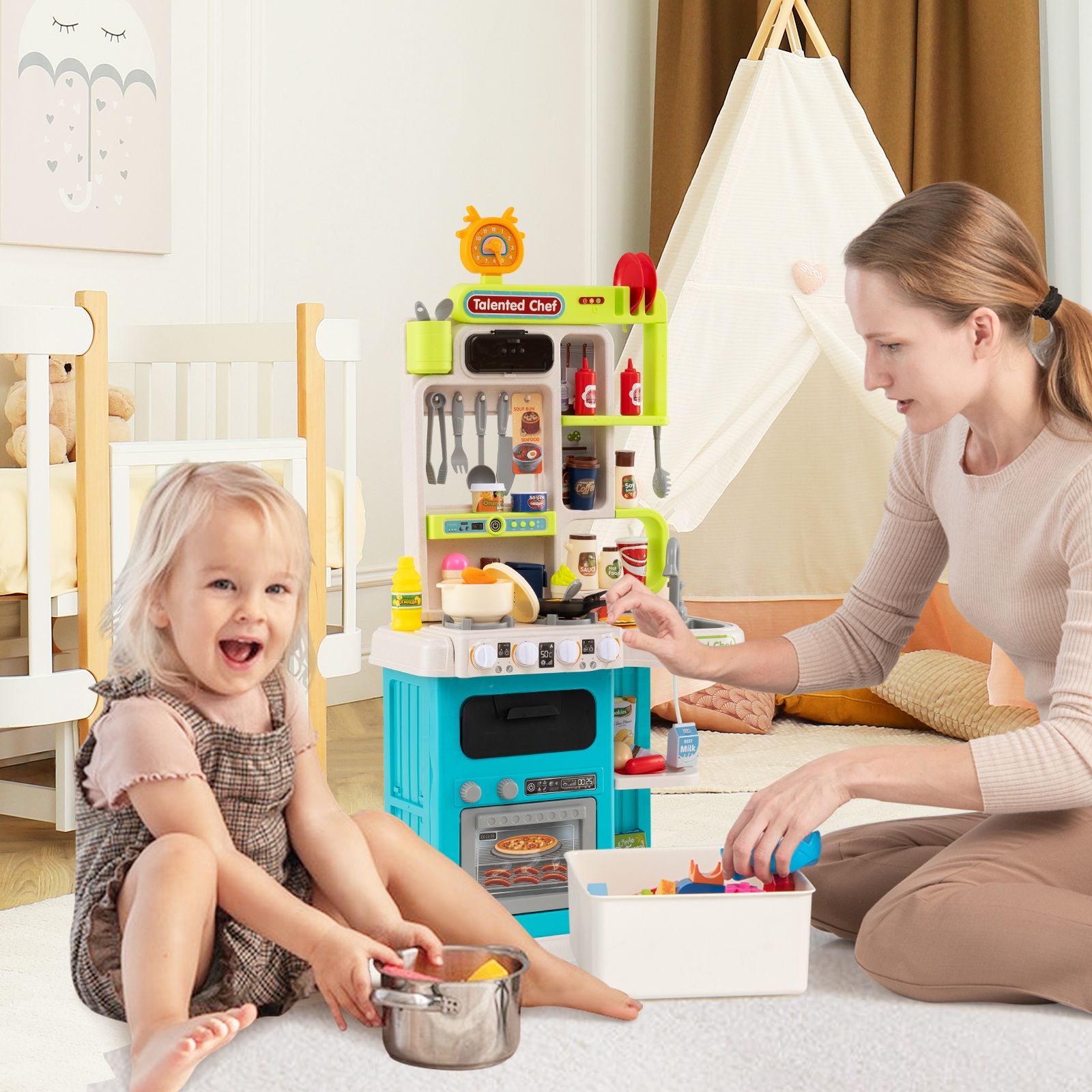 Kids Kitchen Playset Pretend Play Kitchen, Realistic Sounds and Lights