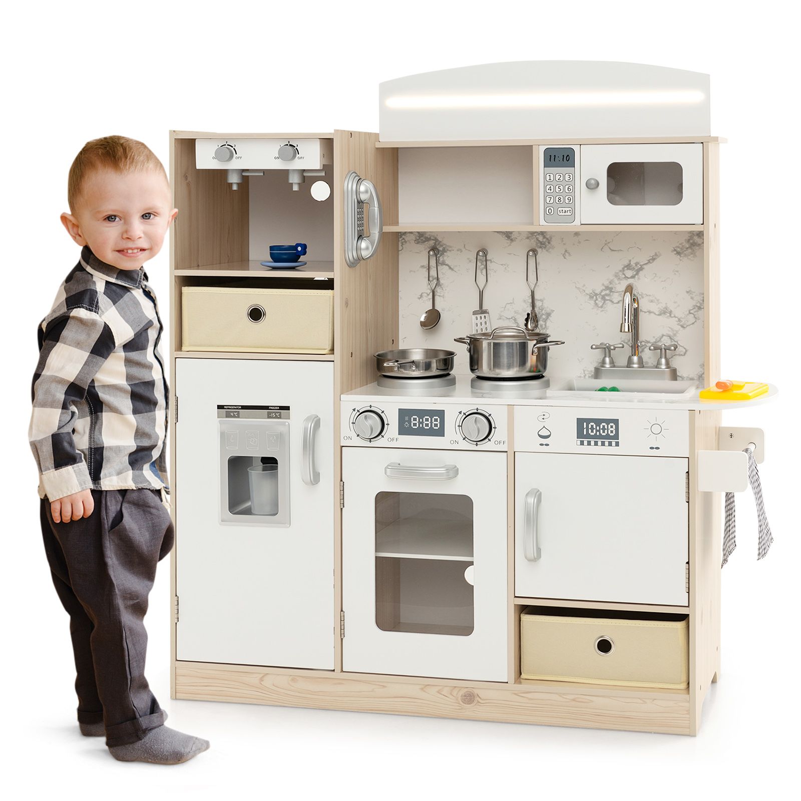 Ensemble de cuisine pour enfants, lumières LED réglables et bacs en tissu amovibles - Blanc