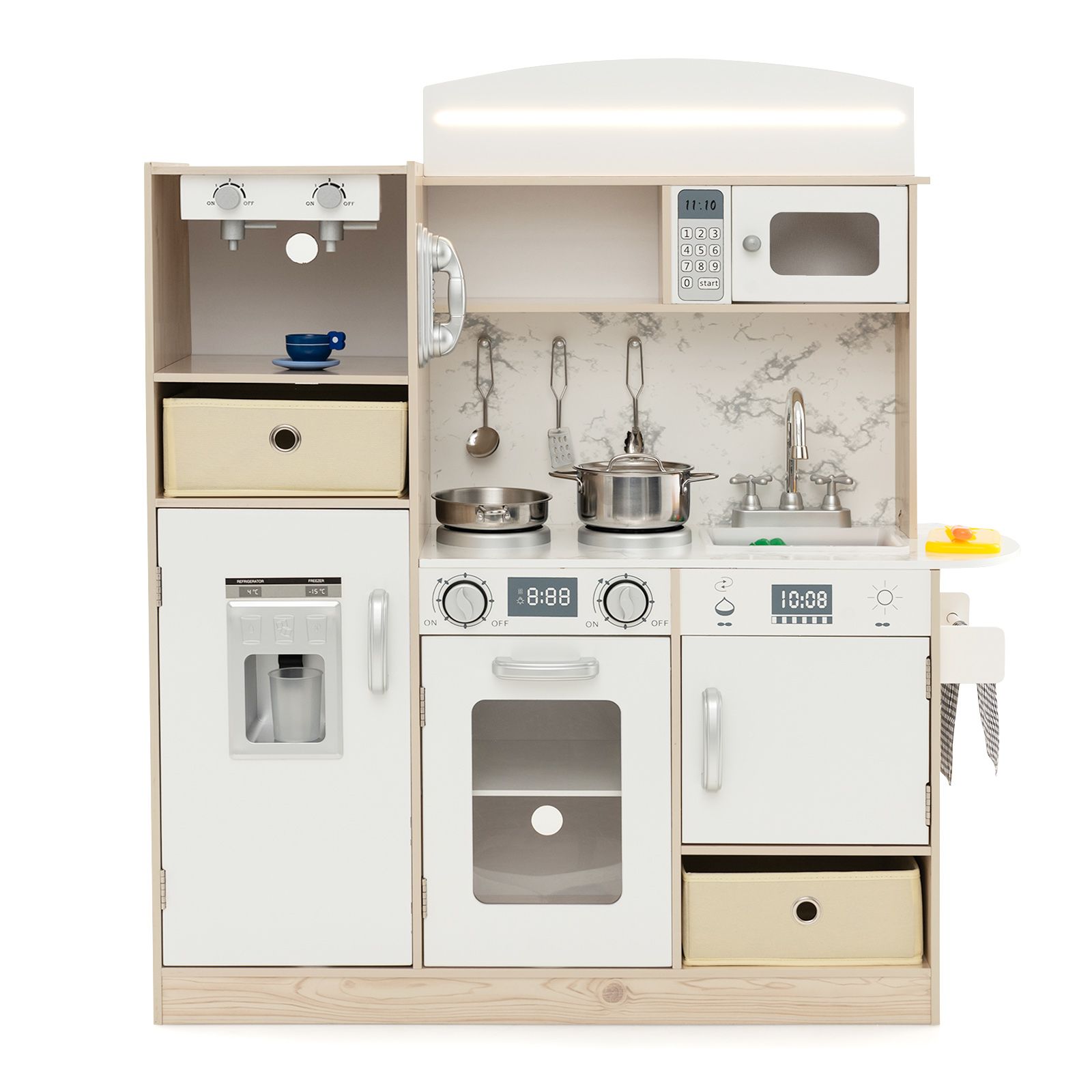 Kids Kitchen Playset, Adjustable LED Lights Removable Fabric Bins - White