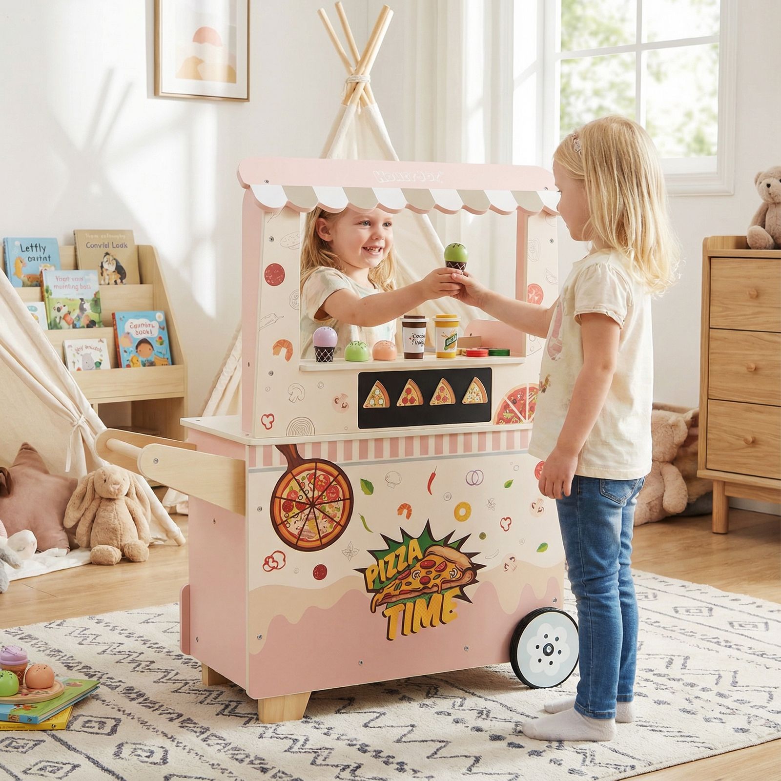 Kids Pizza Food Truck Wooden Pretend Play Snack Cart, Oven - Pink