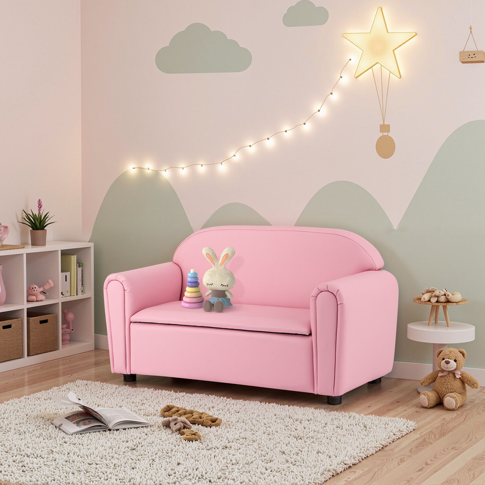 Fauteuil d'appoint pour enfant, accoudoirs et rangement - Rose