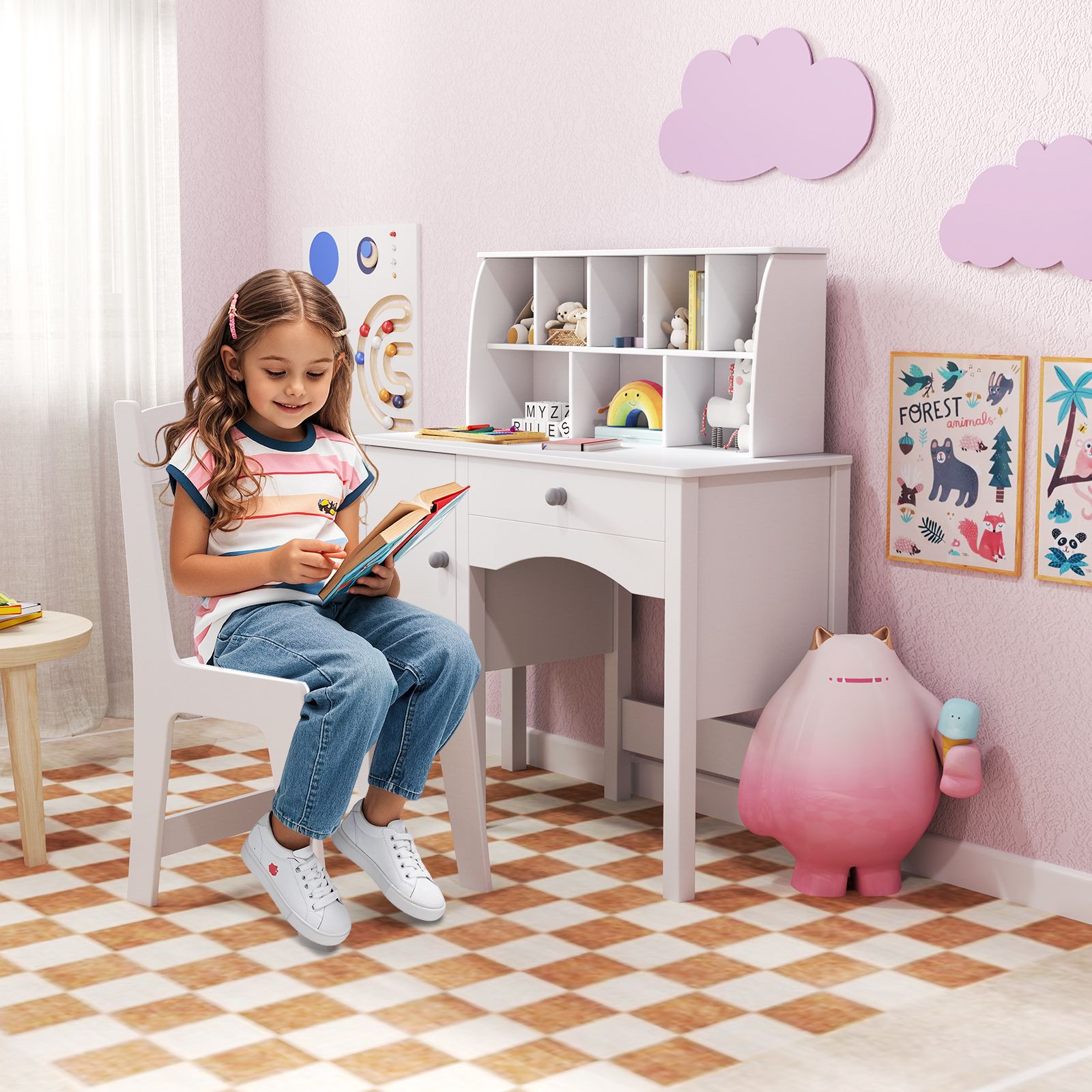 Kids Study Desk and Chair Set, Chair Hutch and Storage Cabinet for 3+ Years Old - White