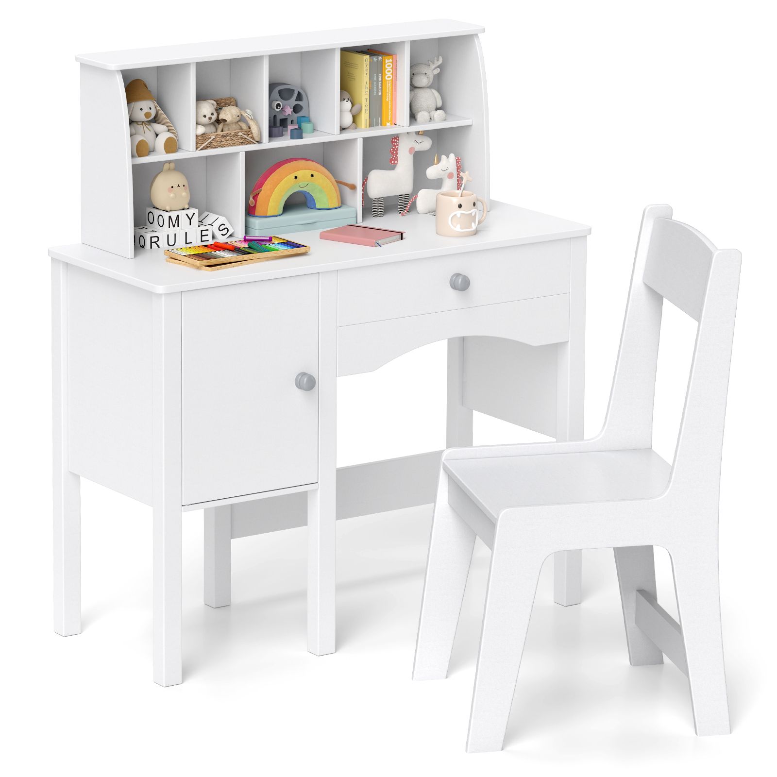Kids Study Desk and Chair Set, Chair Hutch and Storage Cabinet for 3+ Years Old - White