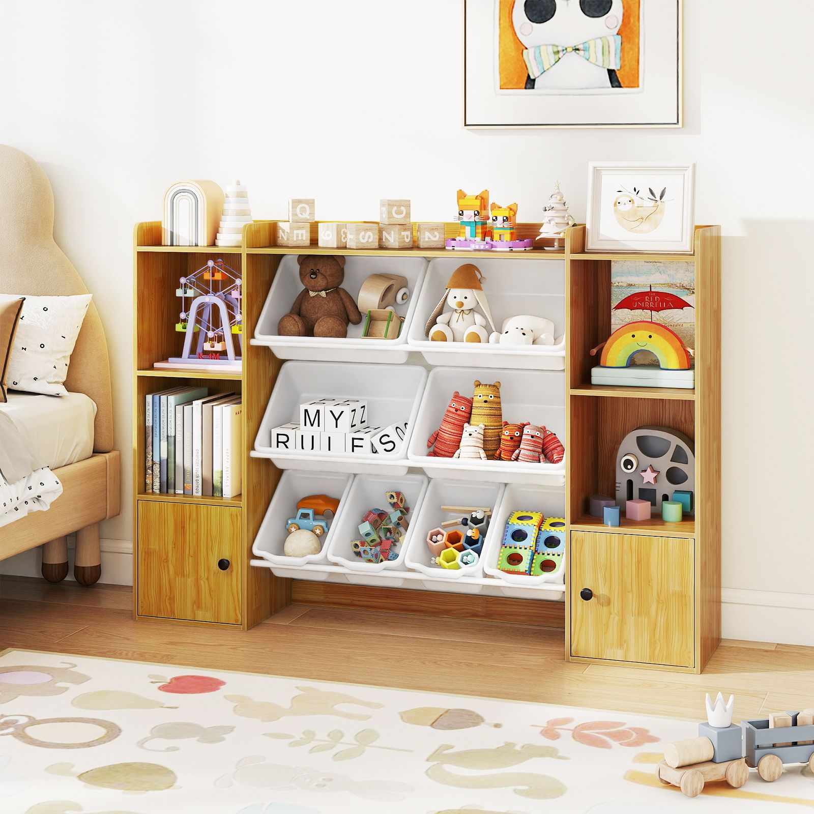 Meuble de rangement et bibliothèque pour enfants, caisses étagères ouvertes
