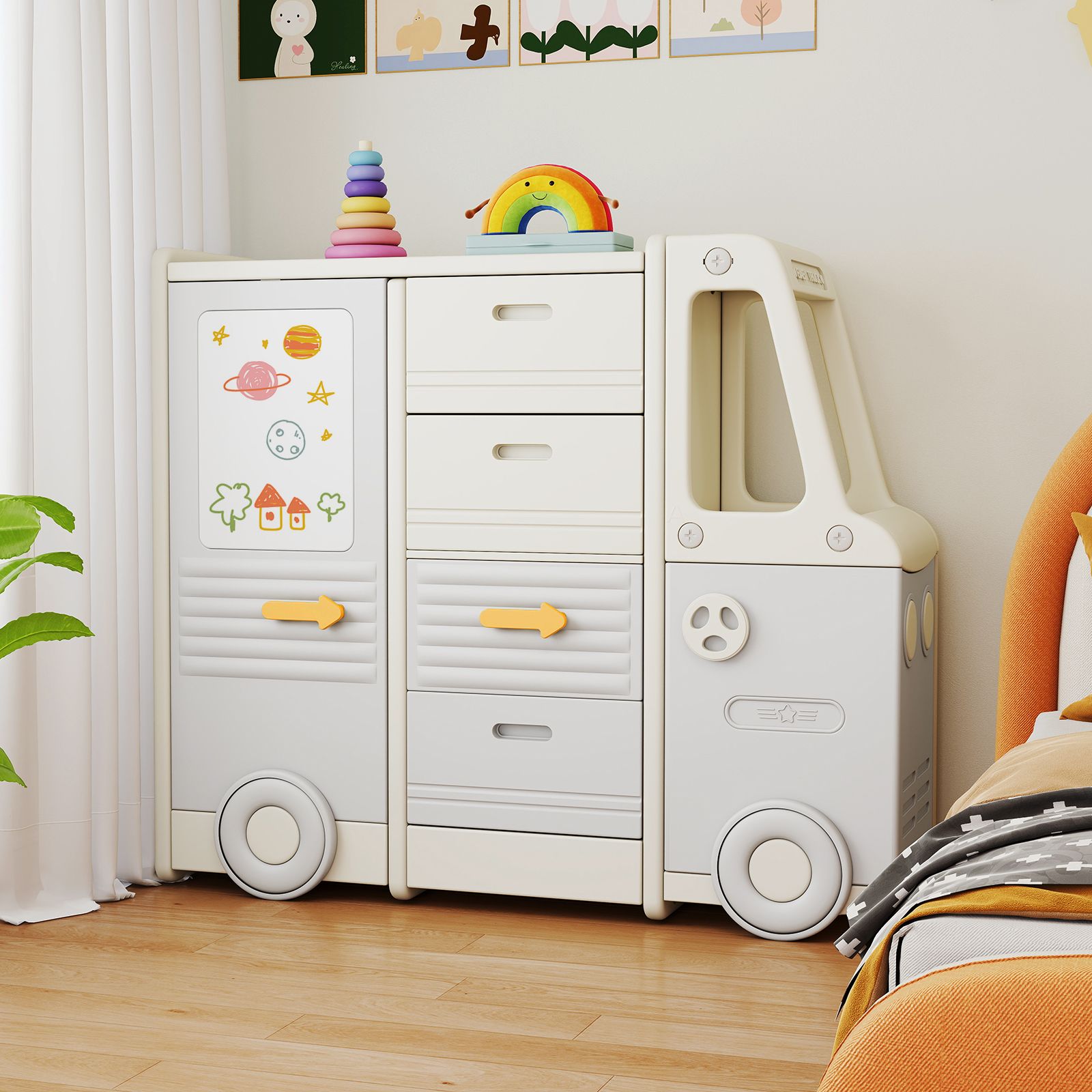 Kids Toy Storage Organizer Bus-shaped Children Cabinet, 4 Pull-out Drawers with Handles - Gray