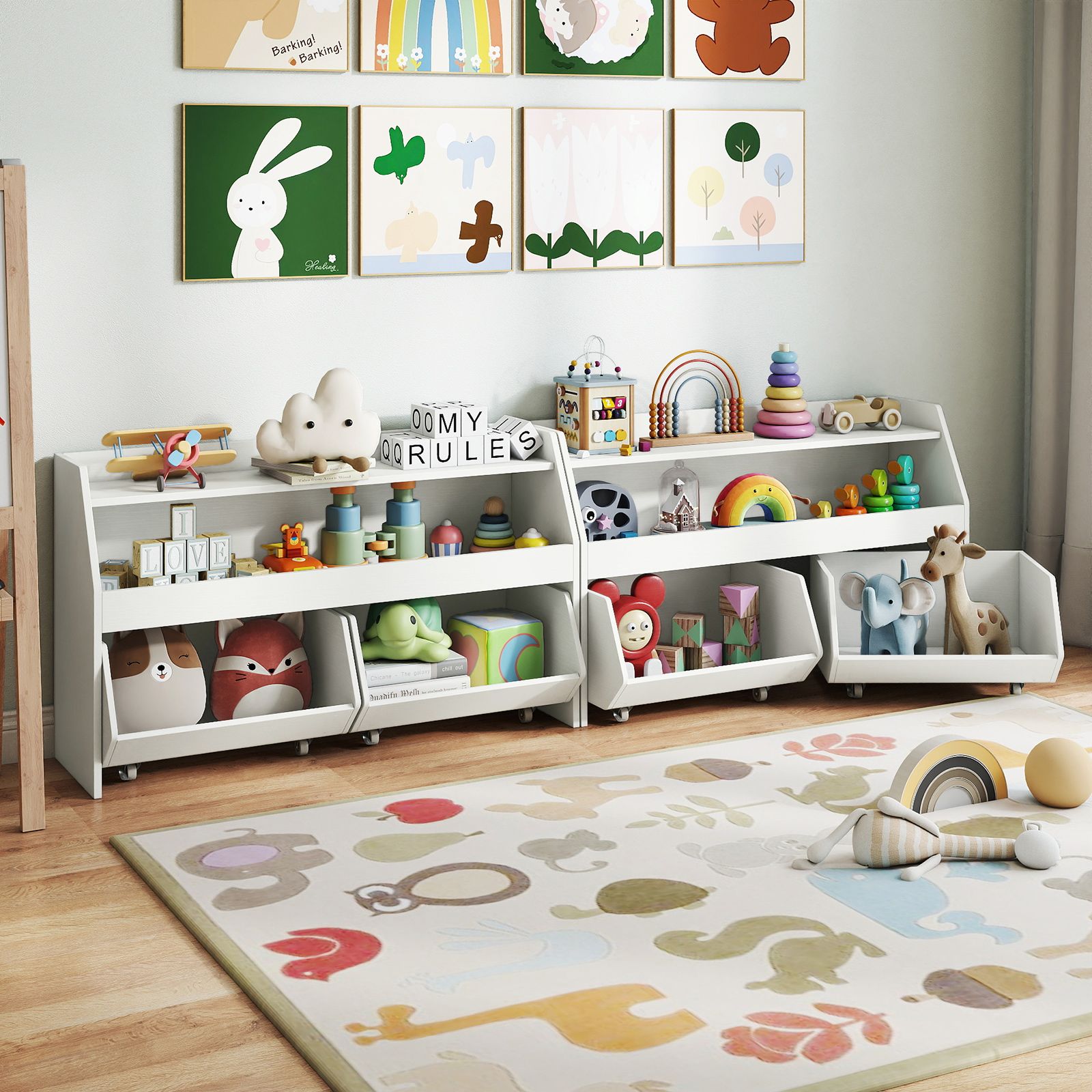 Meuble de rangement pour jouets en bois, 2 tiroirs amovibles - Blanc