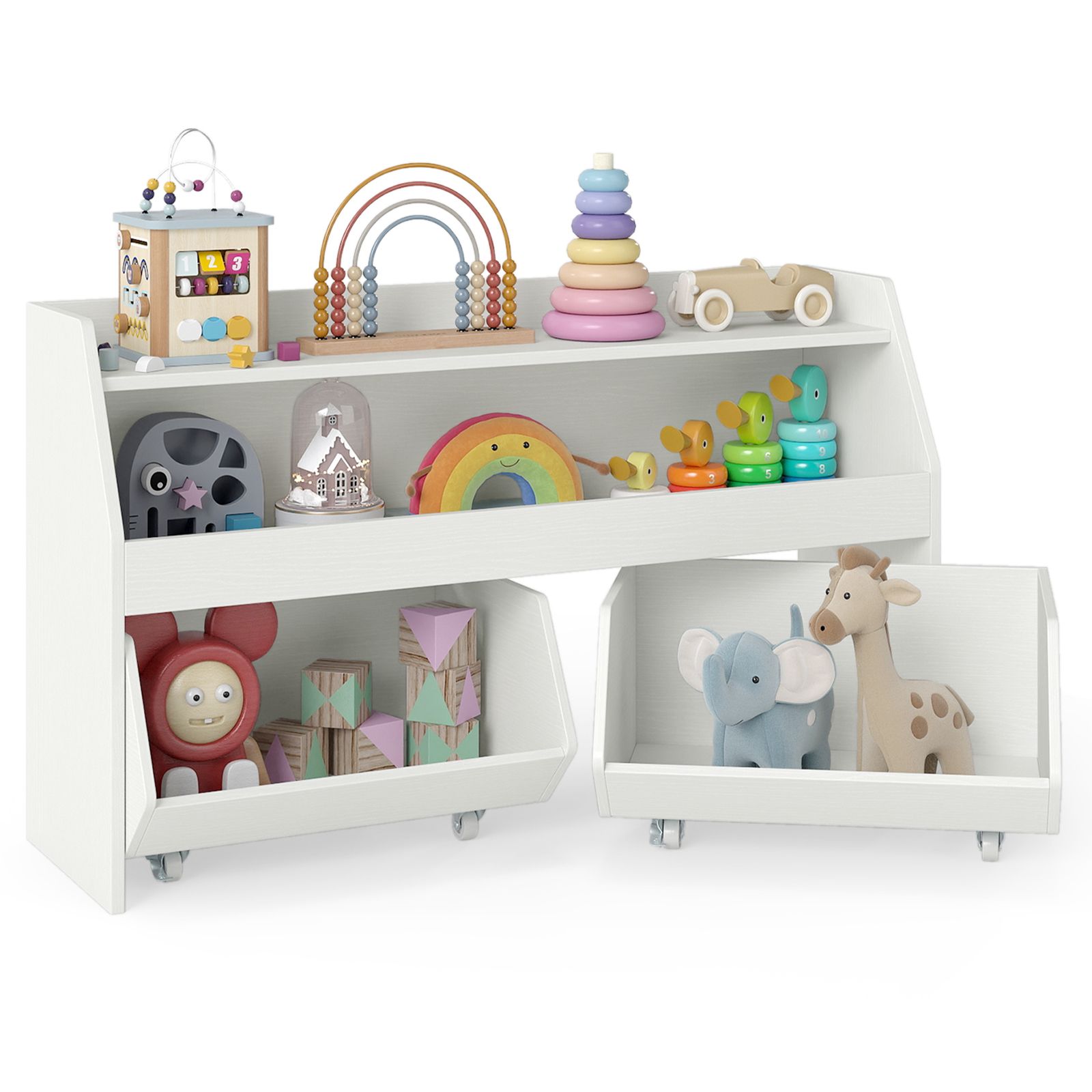 Kids Toy Storage Organizer Wooden Bookcase, 2 Movable Drawers - White