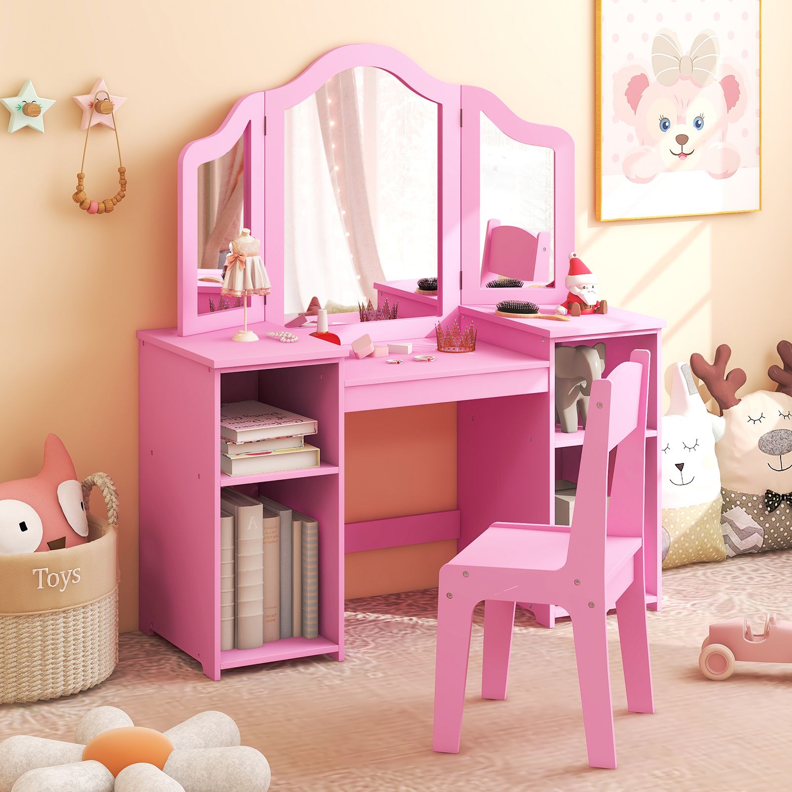 Kids Vanity Table and Chair Set, Removable Tri-Folding Mirror - Pink