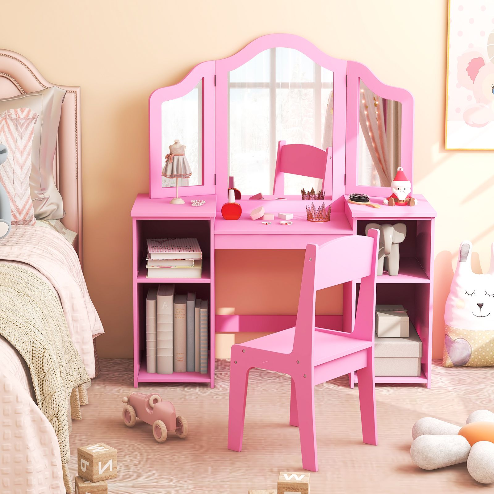 Ensemble coiffeuse pour enfants, miroir à trois volets amovible - Rose
