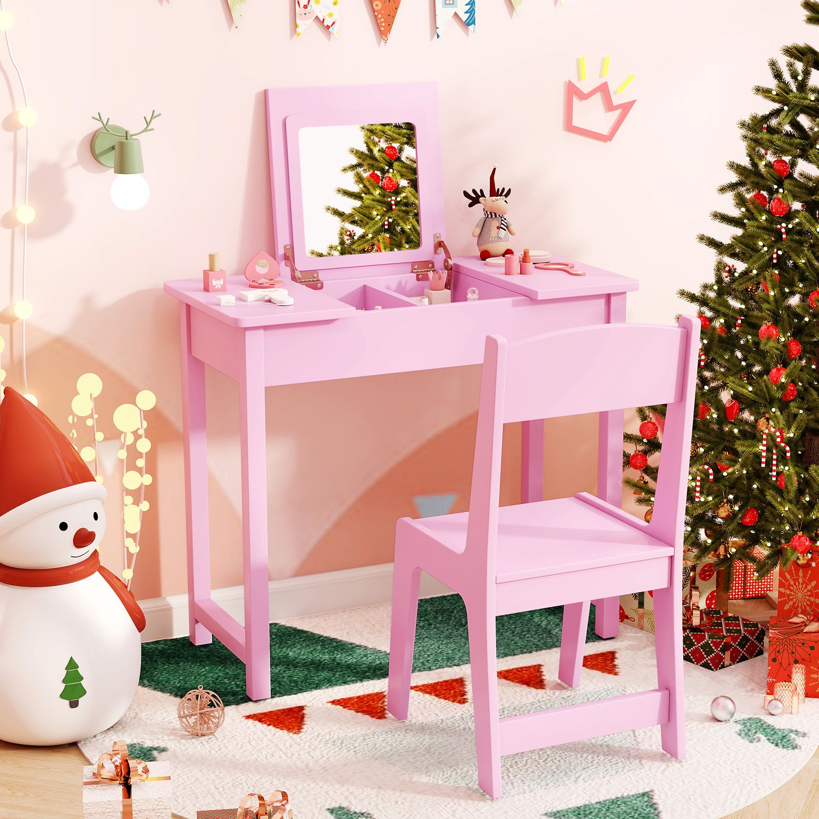 Ensemble 2-en-1 pour enfants comprenant une coiffeuse et chaise, miroir rabattable