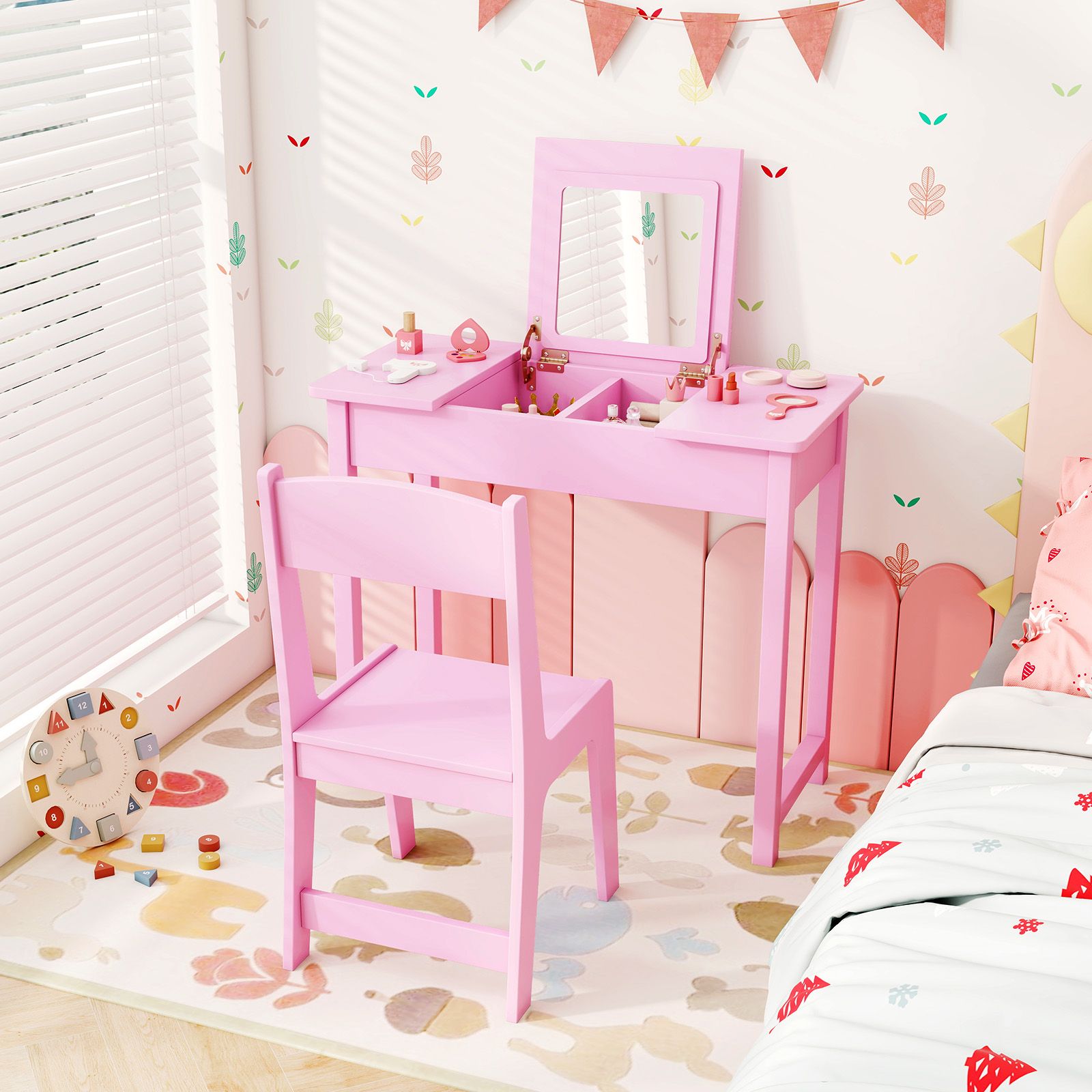 Ensemble 2-en-1 pour enfants comprenant une coiffeuse et chaise, miroir rabattable