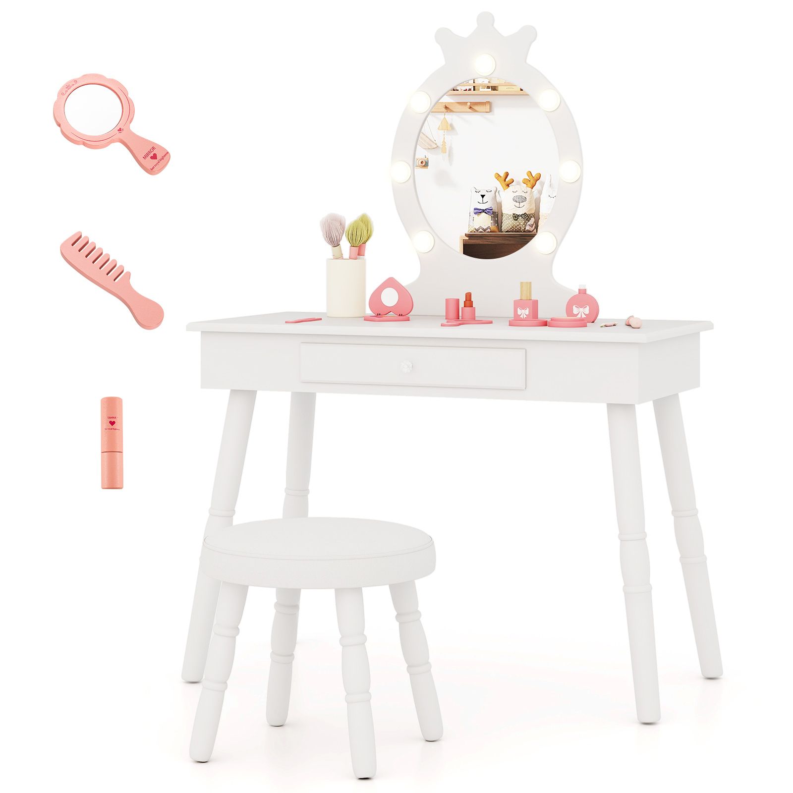 Kids Vanity Set, Lighted Mirror with Adjustable Brightness and Large Drawer