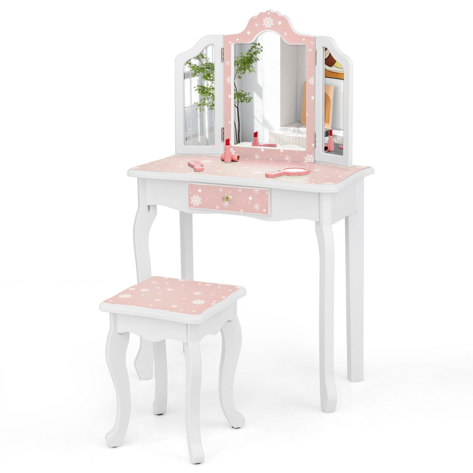Ensemble table de maquillage et tabouret pour jeux de rôle « Princesse », miroir à trois volets - Rose