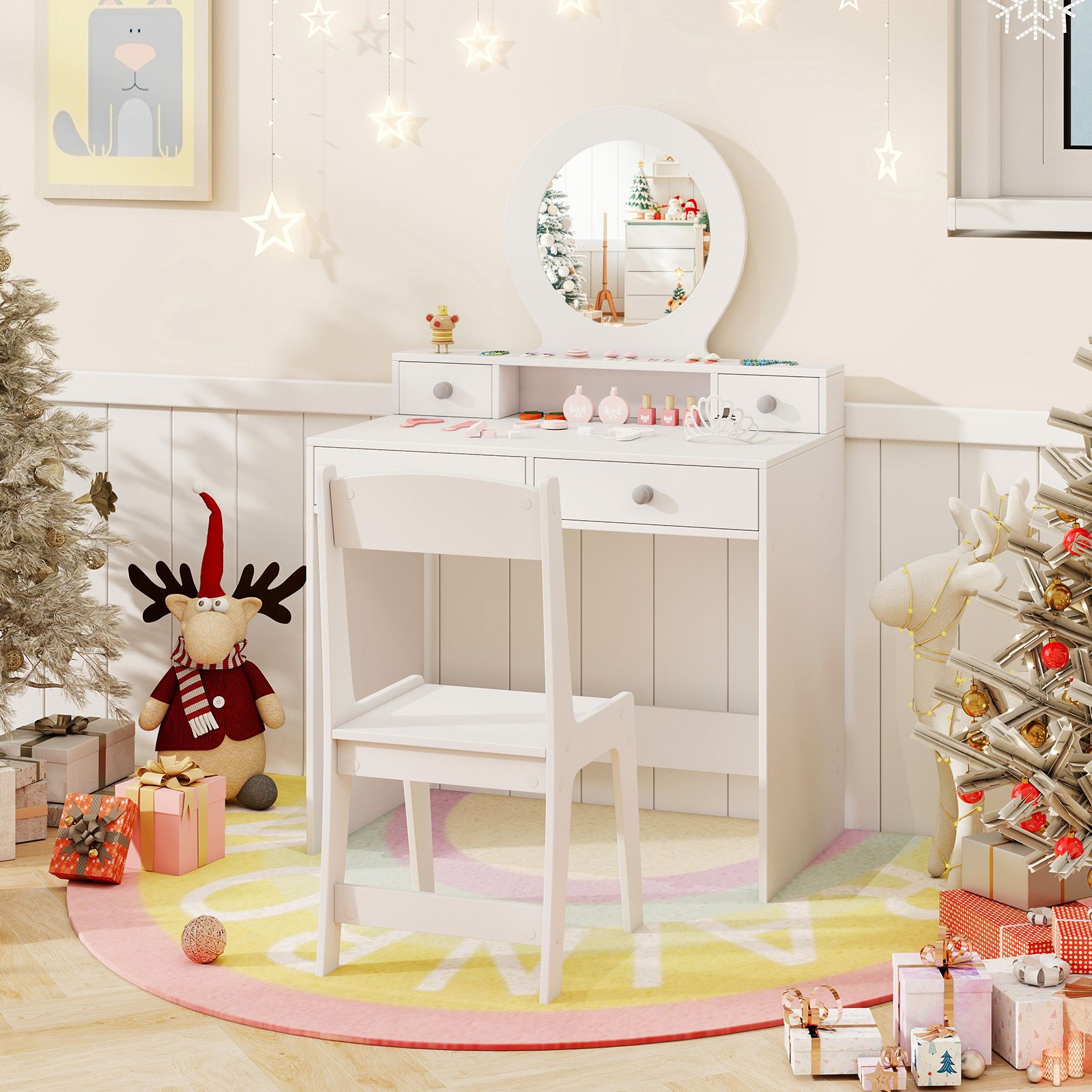 Ensemble de coiffeuse pour enfants, miroir, coiffeuse de maquillage princesse et chaise avec miroir - Blanc
