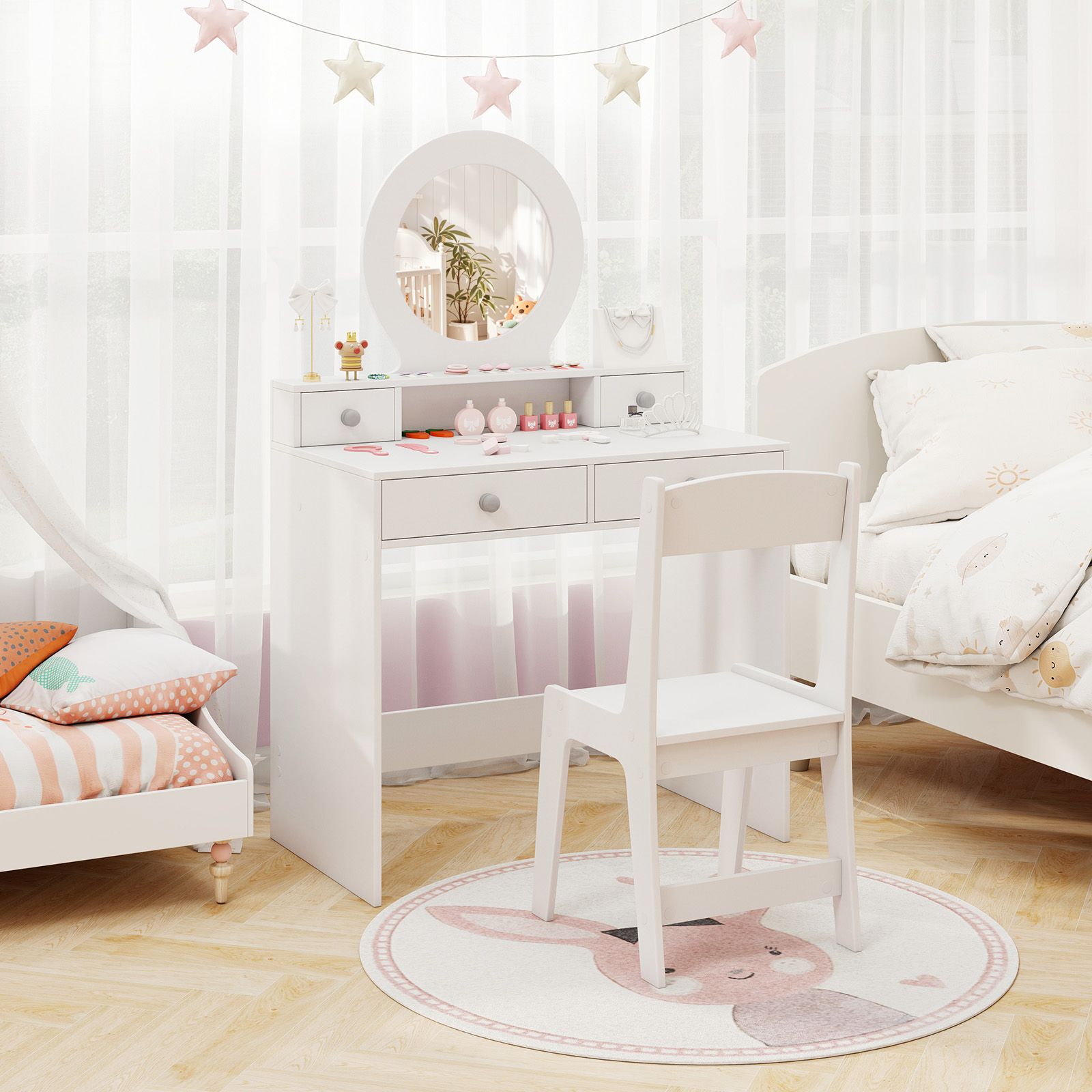 Kids Vanity Set, Mirror Princess Makeup Dressing Desk and Chair Set with Mirror - White