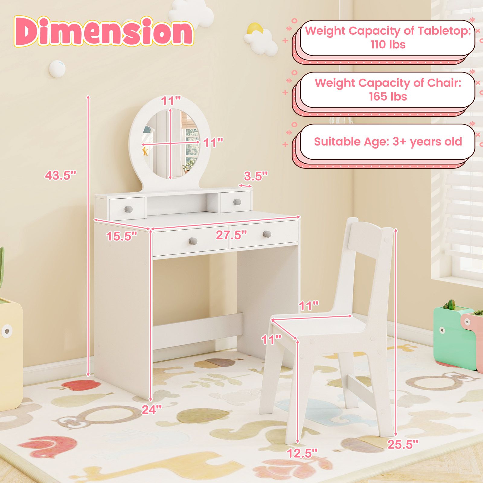 Kids Vanity Set, Mirror Princess Makeup Dressing Desk and Chair Set with Mirror - White