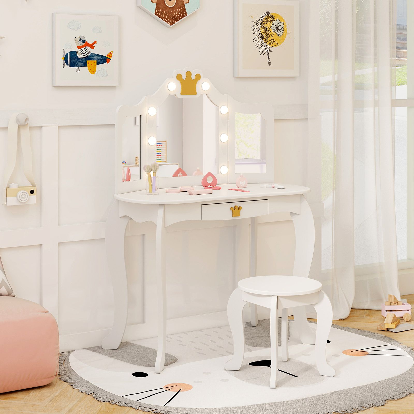 Ensemble de coiffeuse pour enfants, miroir éclairé à trois volets, plateau amovible et tabouret - Blanc