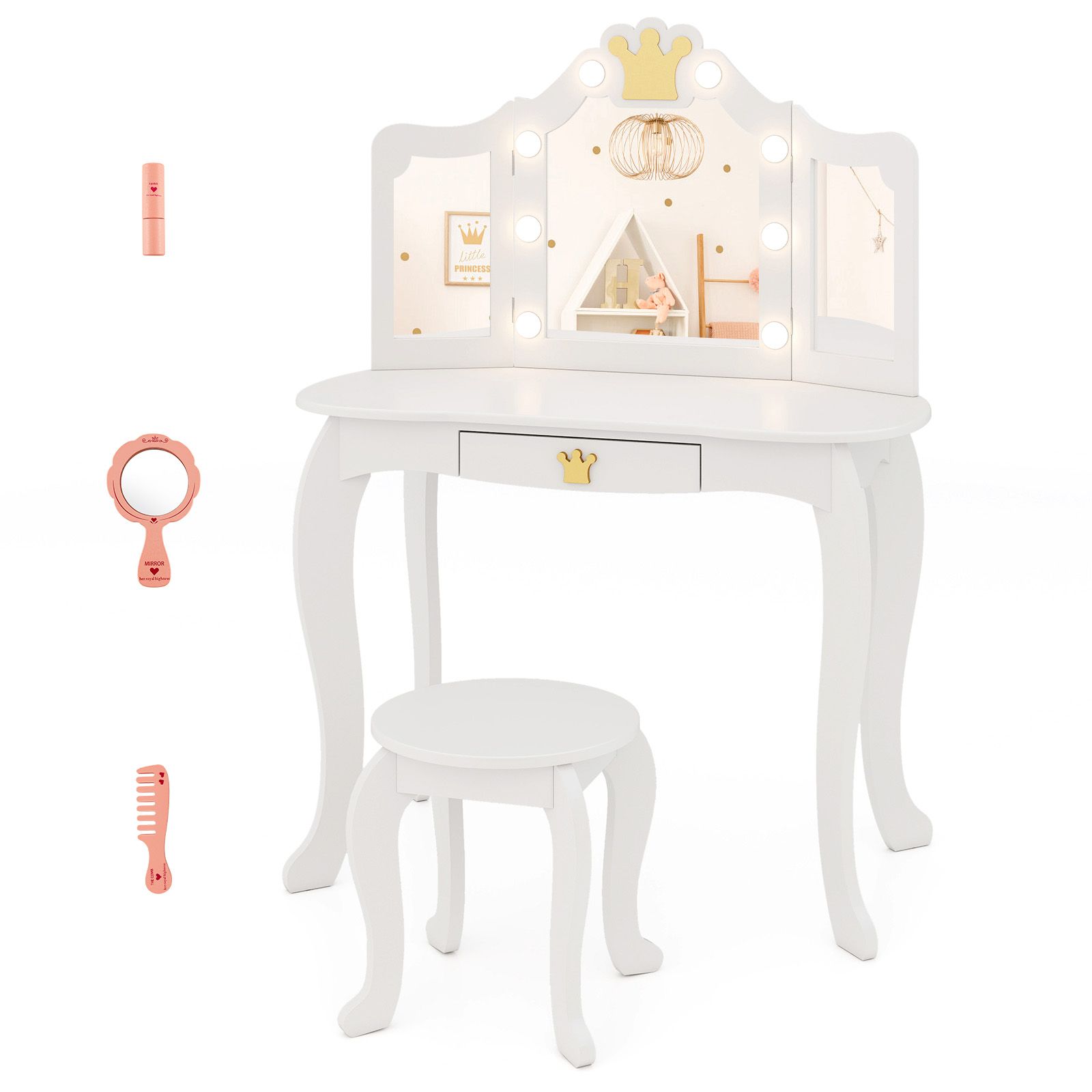 Ensemble de coiffeuse pour enfants, miroir éclairé à trois volets, plateau amovible et tabouret - Blanc