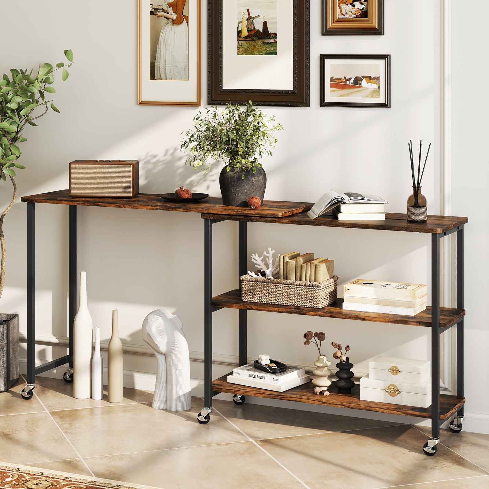 Large 360-Degree Free Rotating Sofa Side Table, Wheels and Storage Shelf - Rustic Brown