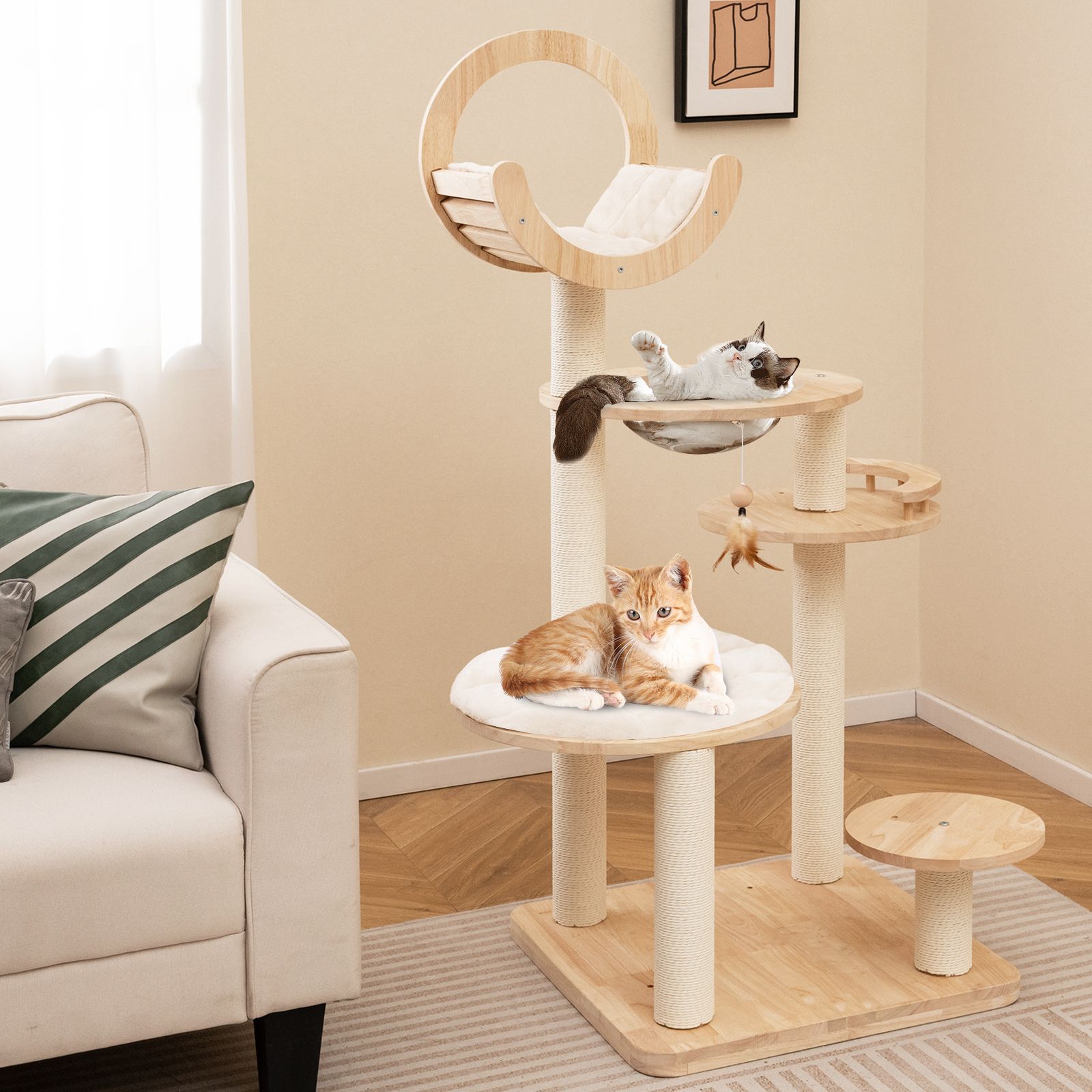 4-in-1 Large Wooden Cat Tower, Space Capsule Nest for Indoor Cats