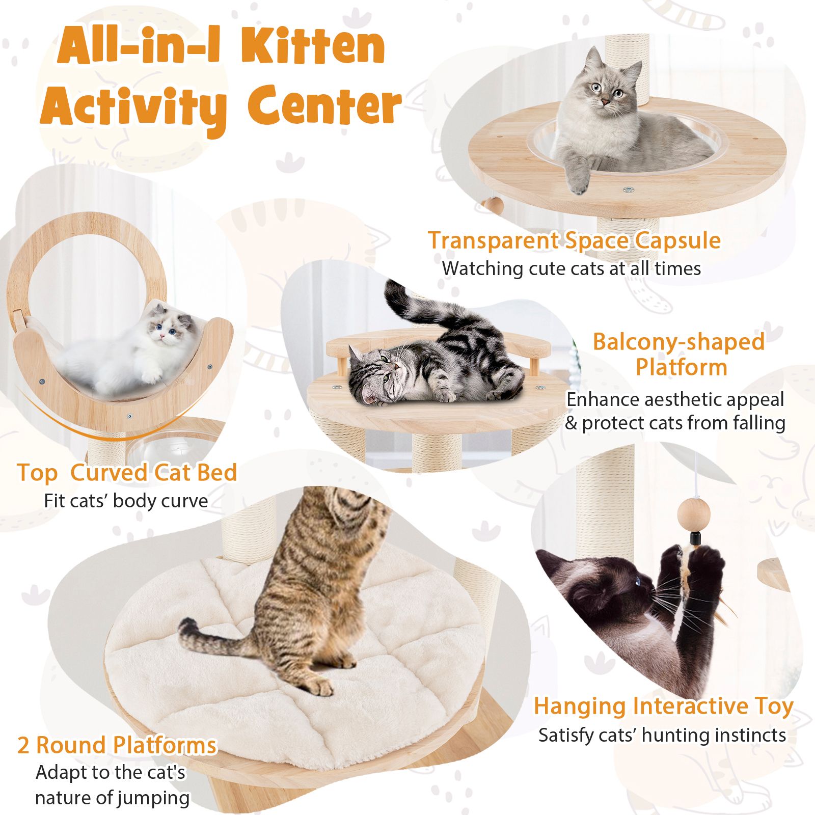 4-in-1 Large Wooden Cat Tower, Space Capsule Nest for Indoor Cats