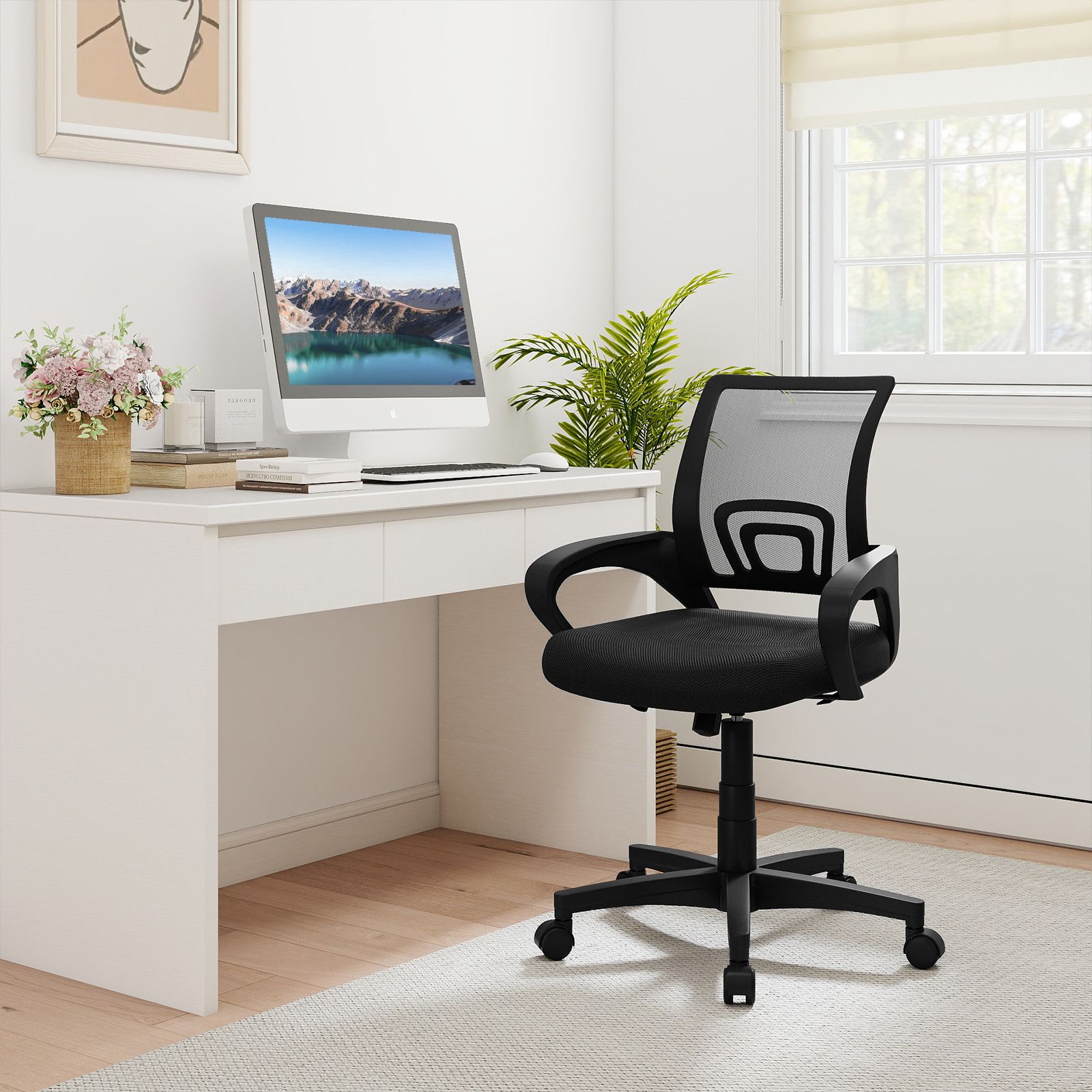 Chaise de bureau ergonomique à dossier moyen en maille, soutien lombaire - Noir