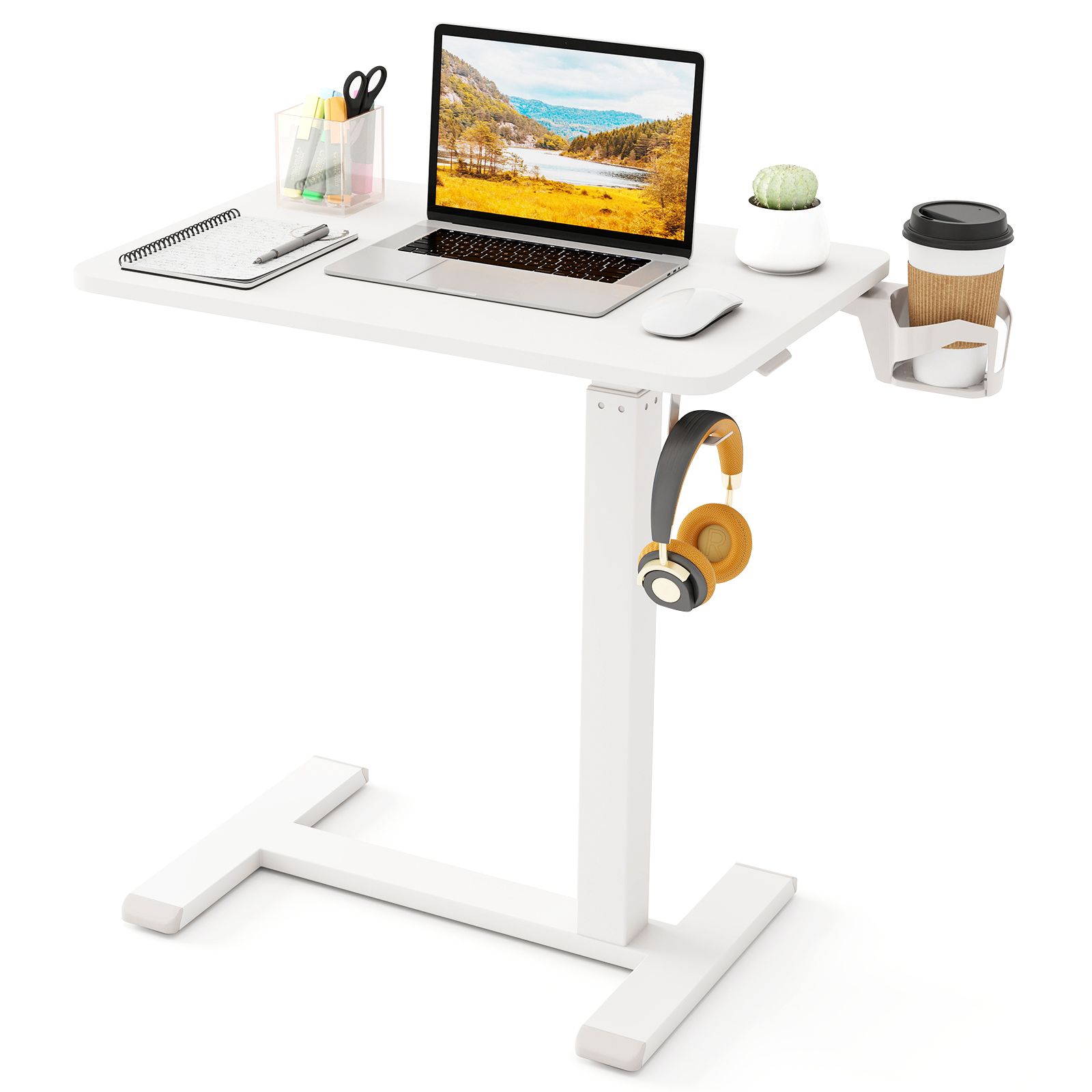 Bureau debout mobile, table de chevet réglable en hauteur, porte-gobelet - Blanc