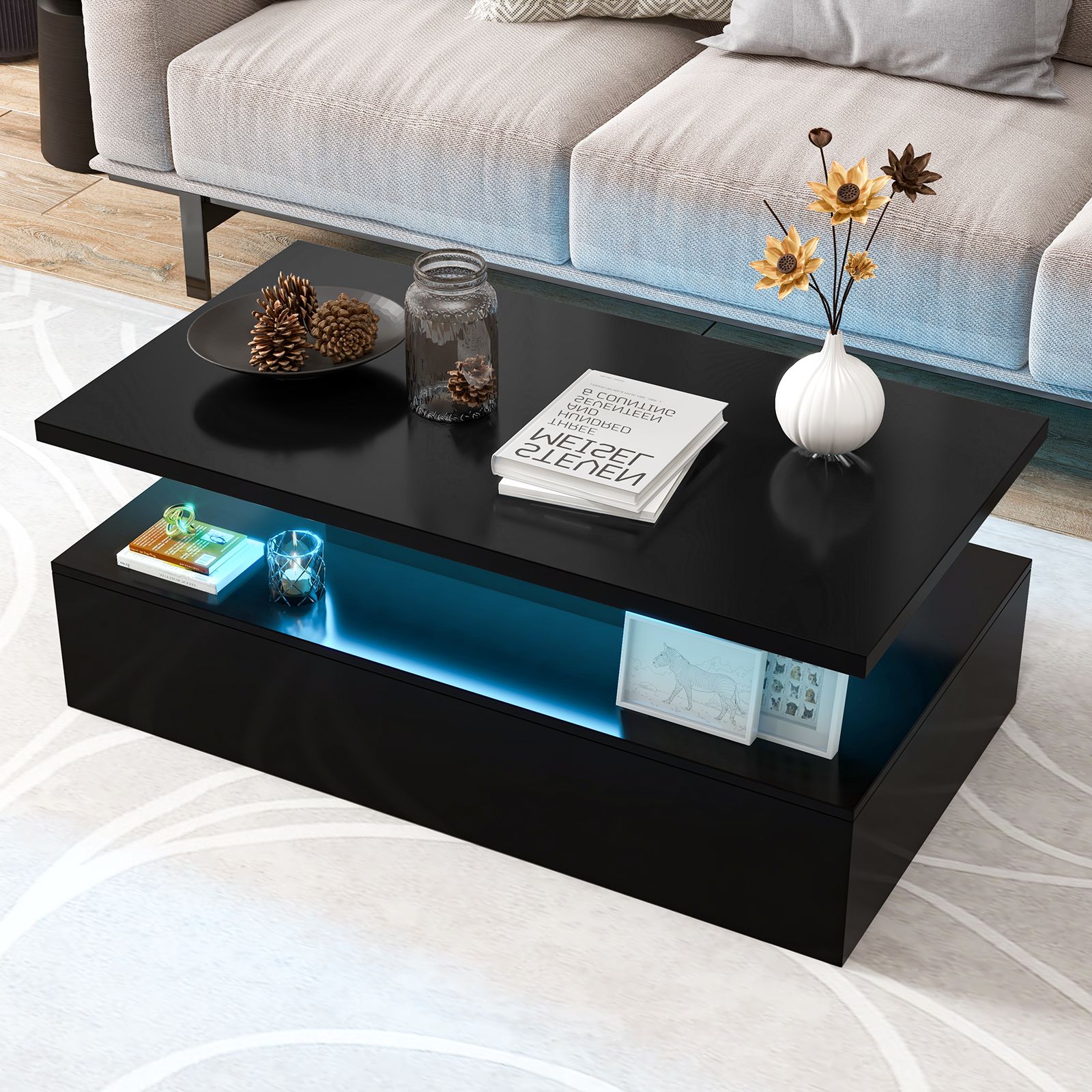 Modern 2-tier High Glossy Table with Adjustable Light Colors