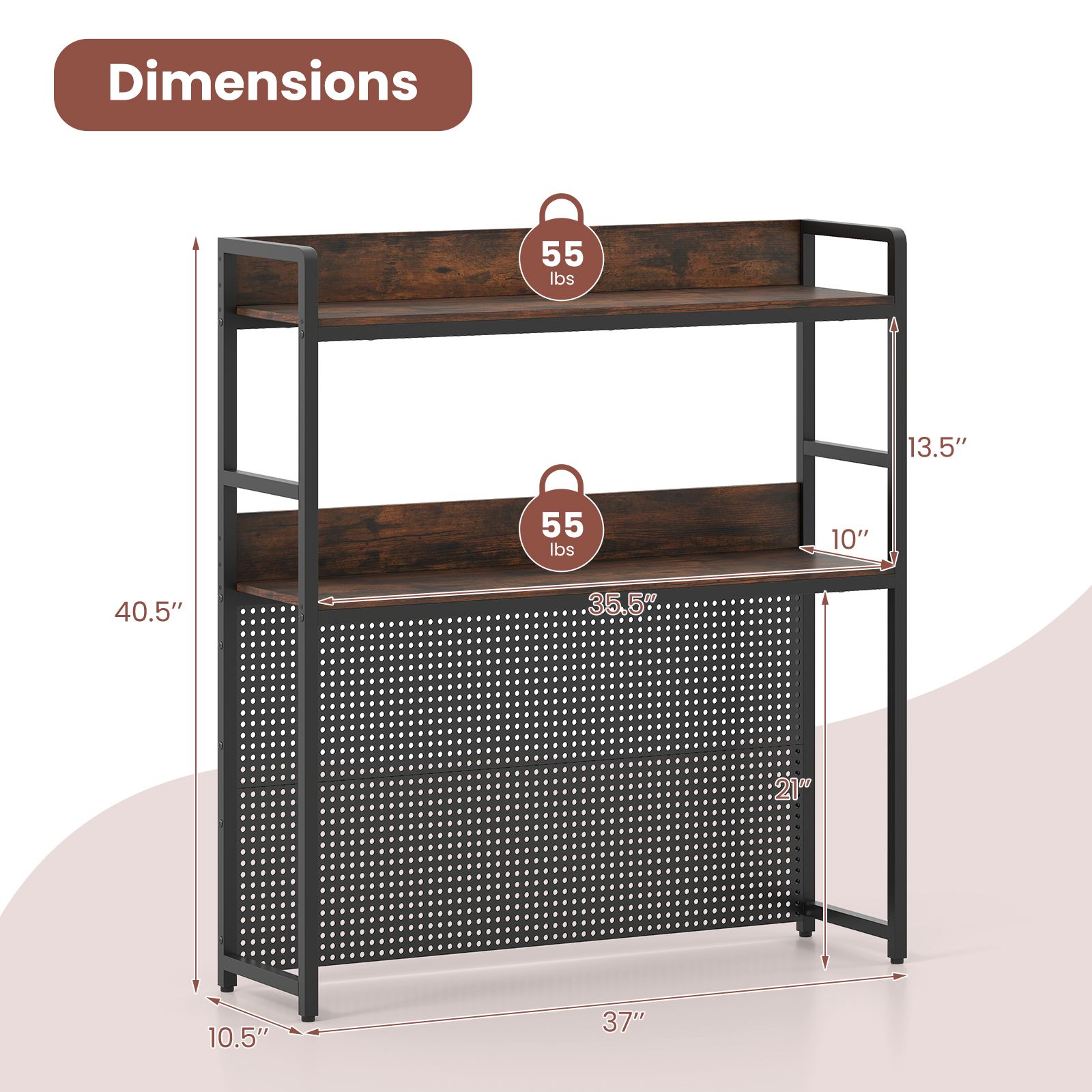Multipurpose 2-Tier Desktop Bookshelf, Pegboard for up to 32" Computer Monitor - Rustic Brown