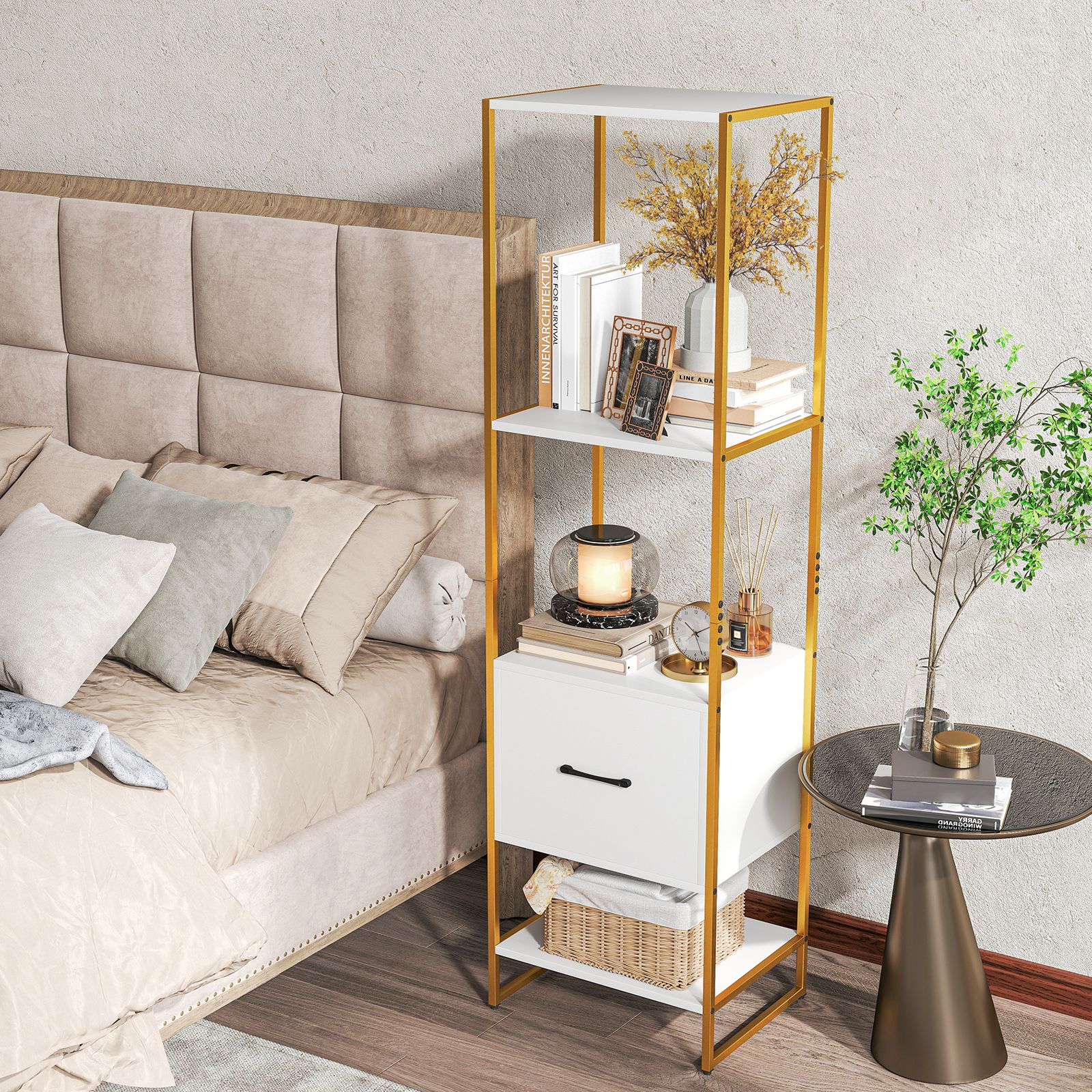 5-Tier Narrow Bookcase, 4 Open Shelves and Storage Drawer