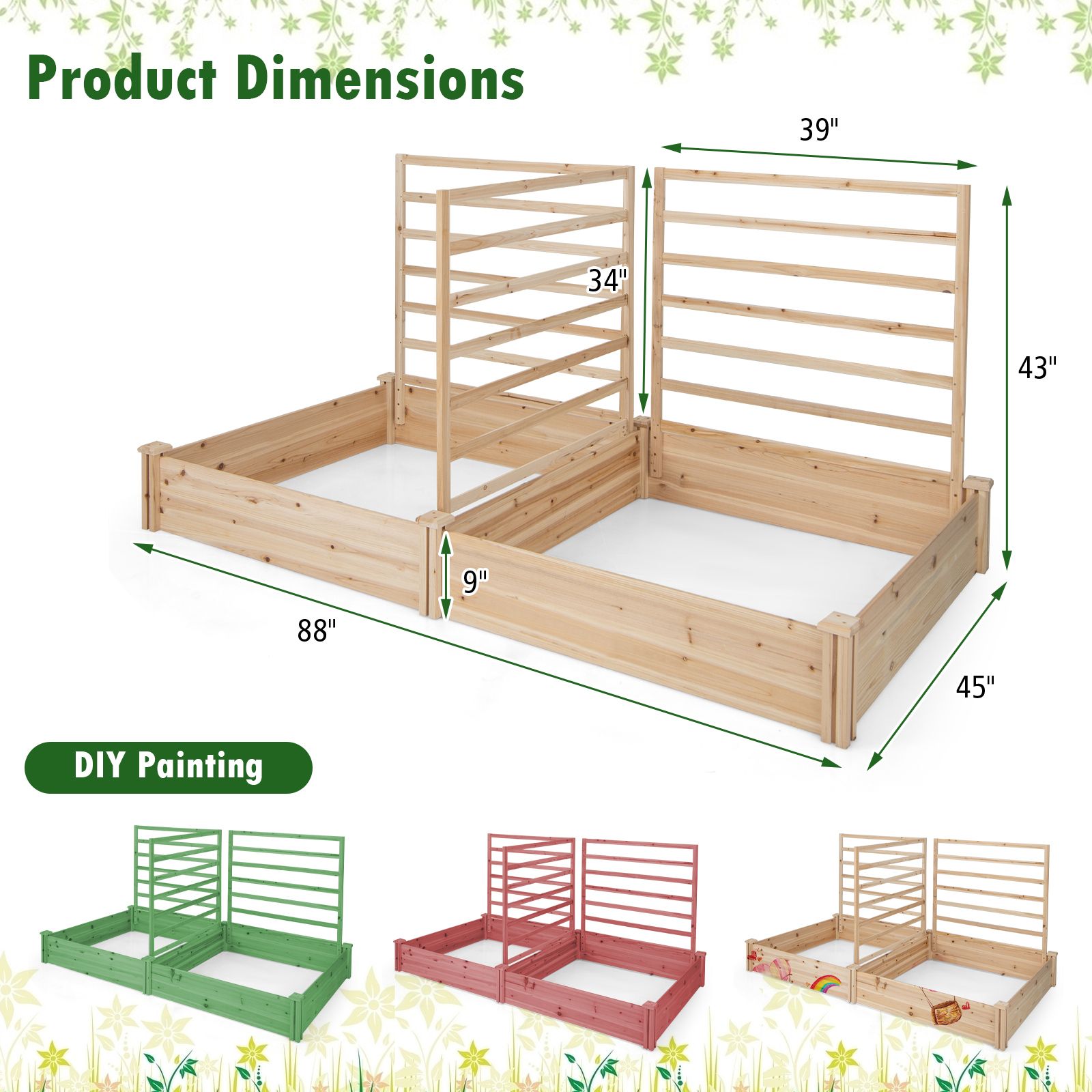 Raised Garden Bed, 2 Planter Boxes and 3 Trellis - Natural