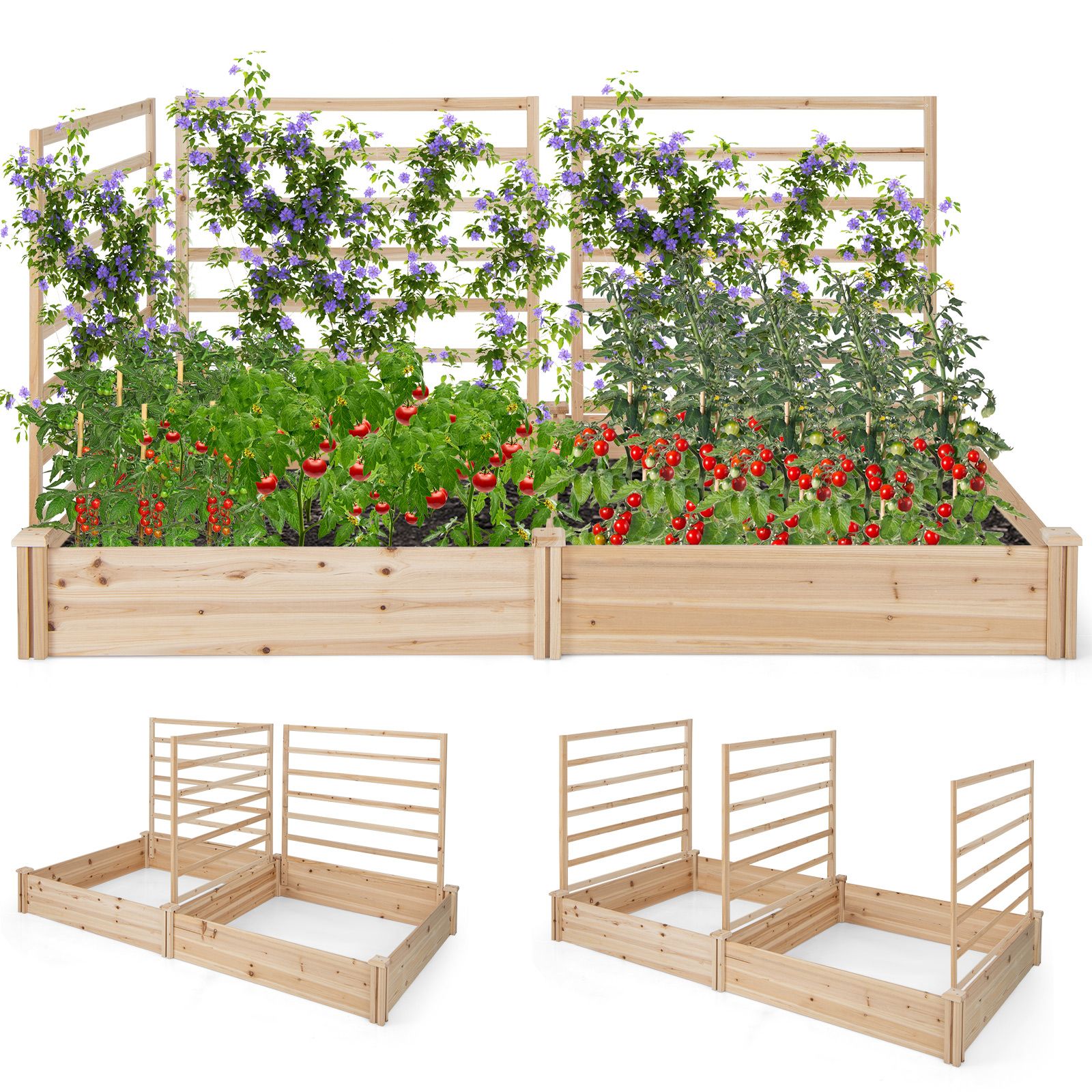Raised Garden Bed, 2 Planter Boxes and 3 Trellis - Natural